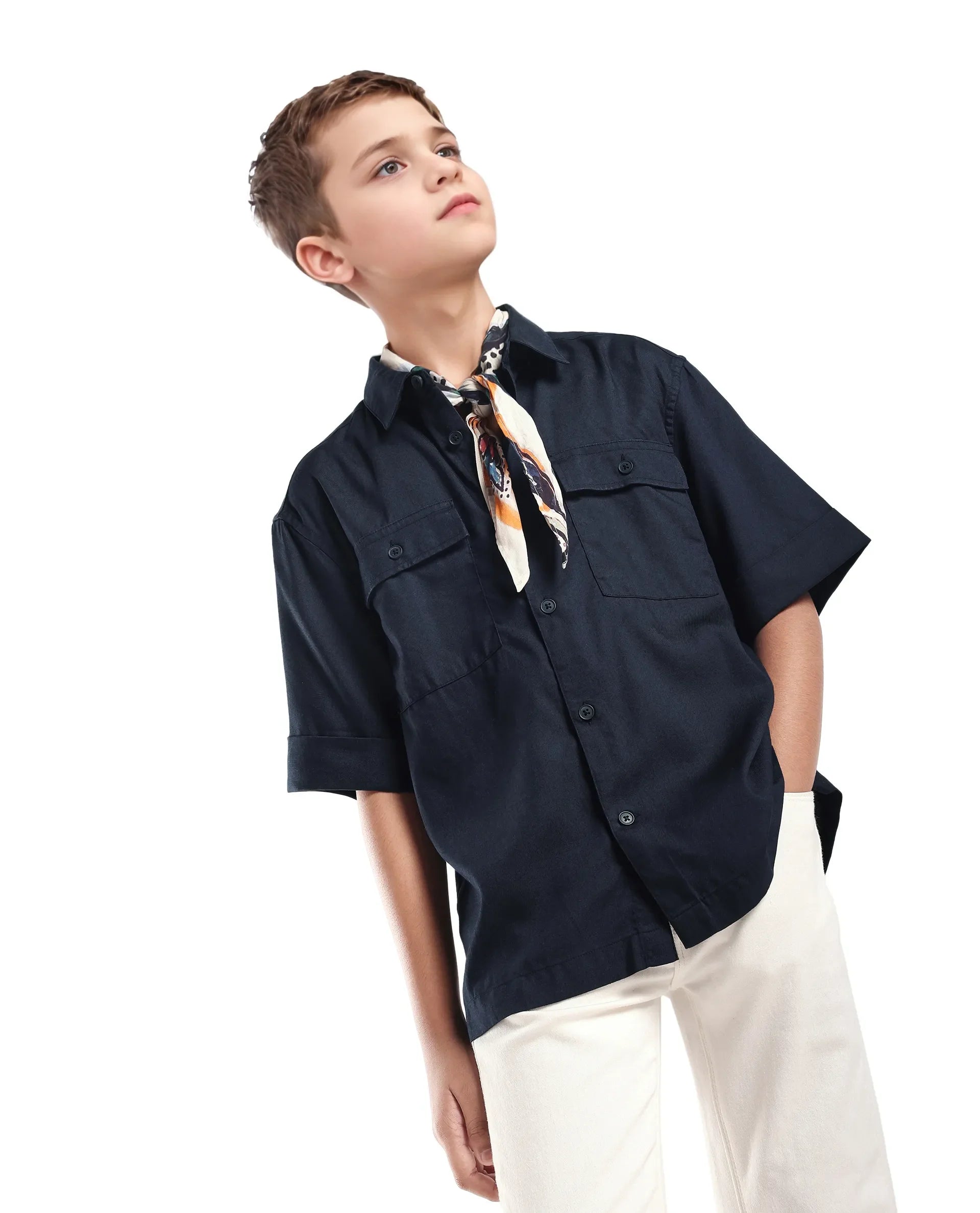 Rare Ones Kids Glin-S Navy Lyocell Blend Solid Button Closure Boxy Fit Shirt