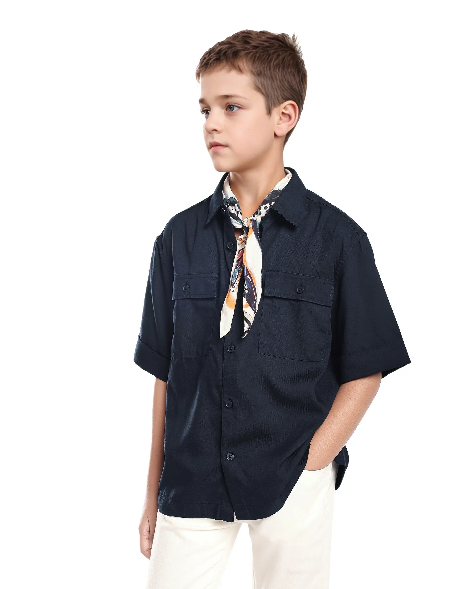 Rare Ones Kids Glin-S Navy Lyocell Blend Solid Button Closure Boxy Fit Shirt
