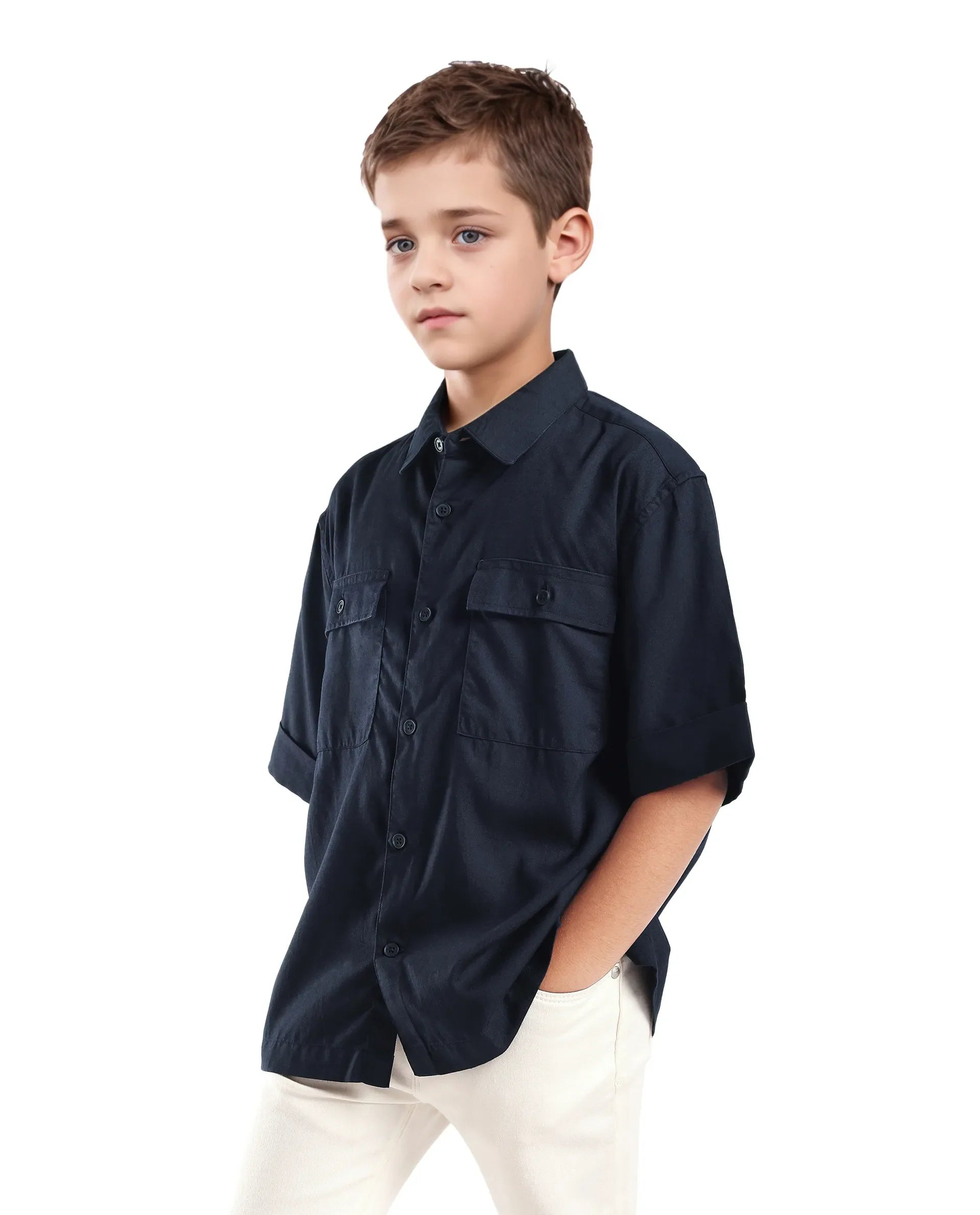 Rare Ones Kids Glin-S Navy Lyocell Blend Solid Button Closure Boxy Fit Shirt