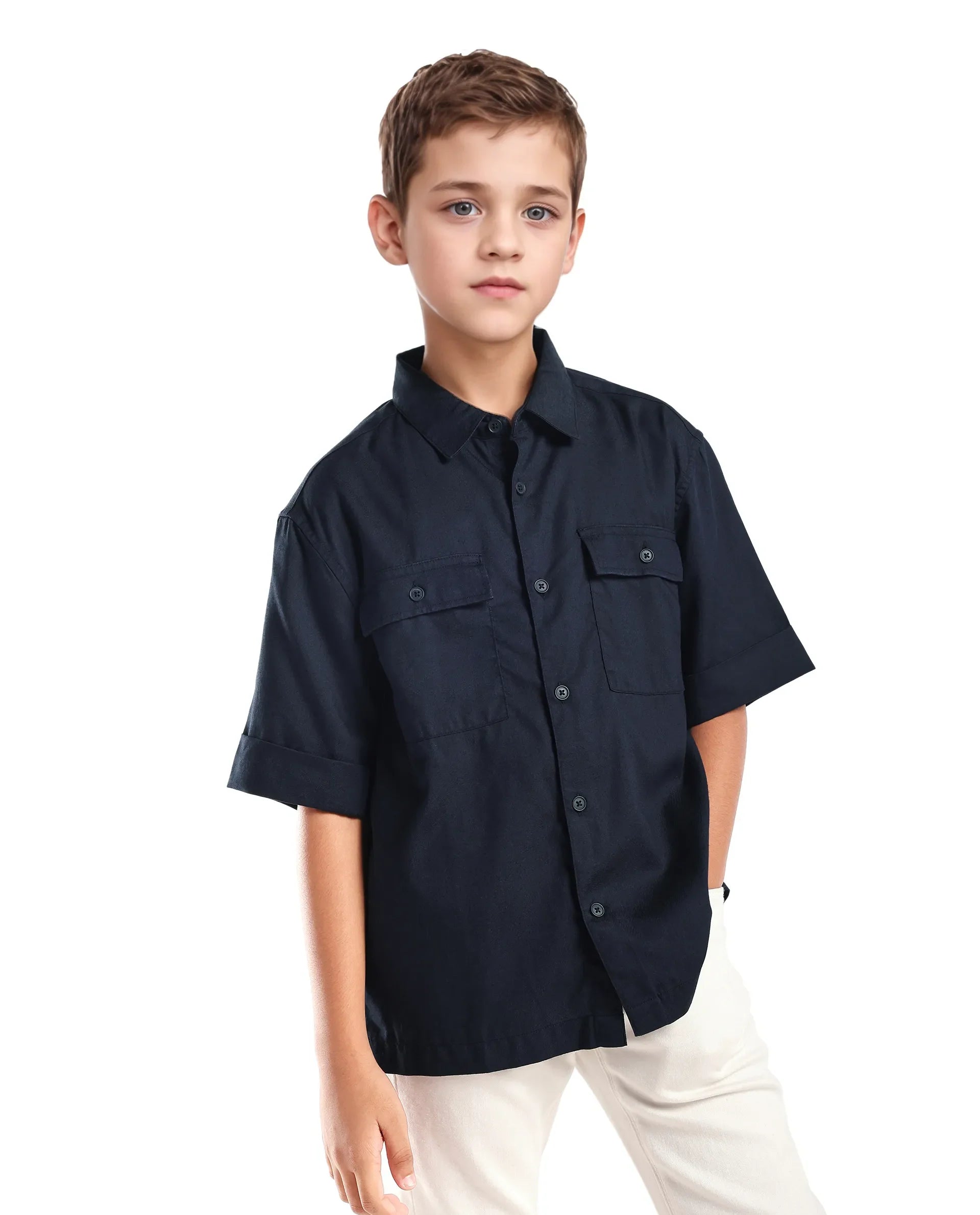 Rare Ones Kids Glin-S Navy Lyocell Blend Solid Button Closure Boxy Fit Shirt