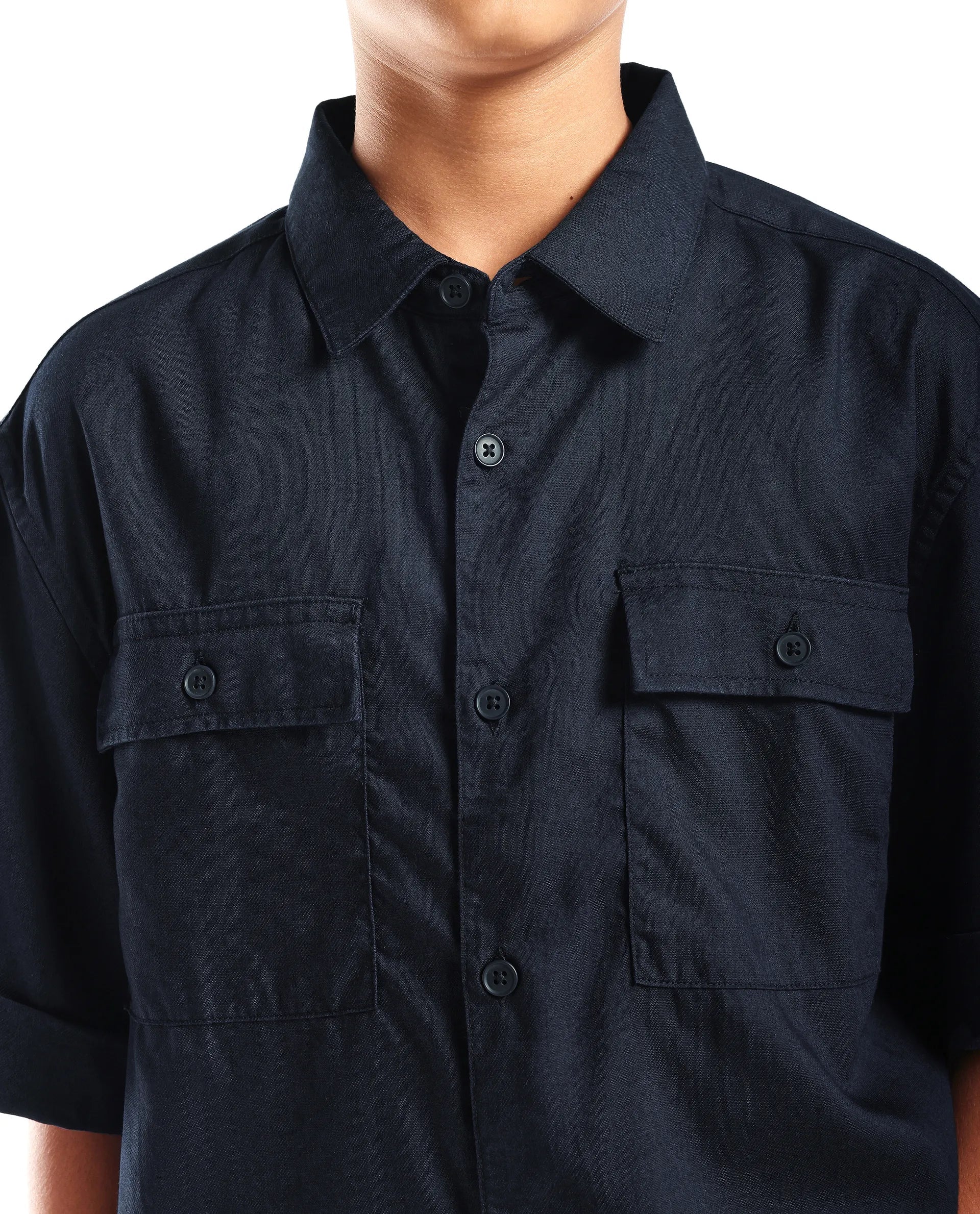 Rare Ones Kids Glin-S Navy Lyocell Blend Solid Button Closure Boxy Fit Shirt
