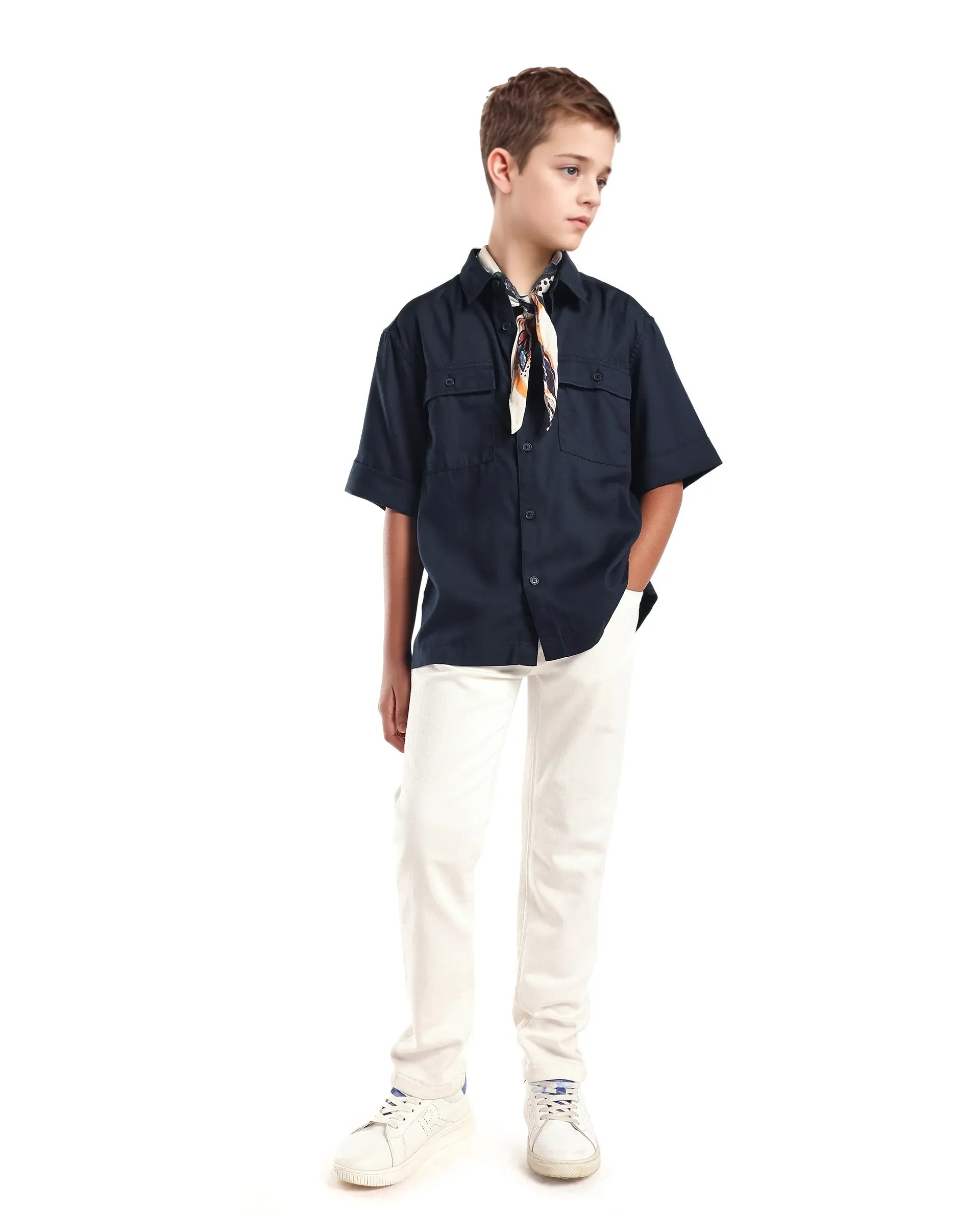 Rare Ones Kids Glin-S Navy Lyocell Blend Solid Button Closure Boxy Fit Shirt