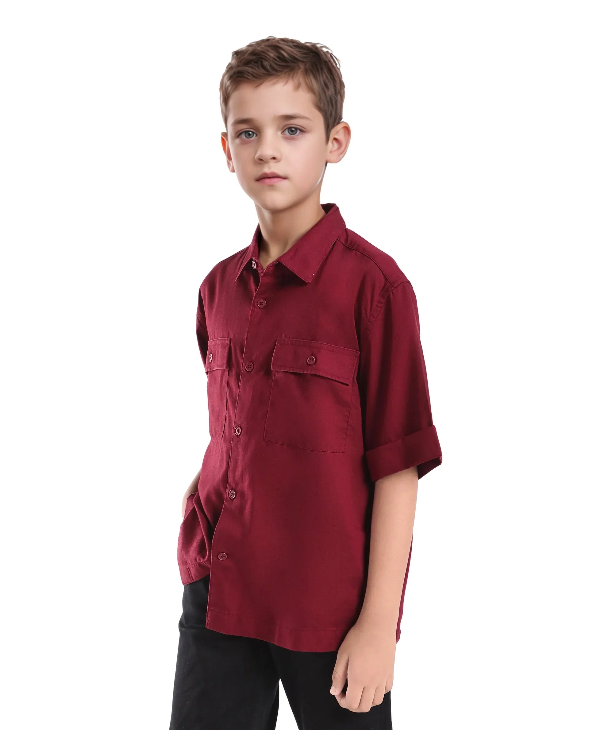 Rare Ones Kids Glin-S Red Lyocell Blend Solid Button Closure Boxy Fit Shirt