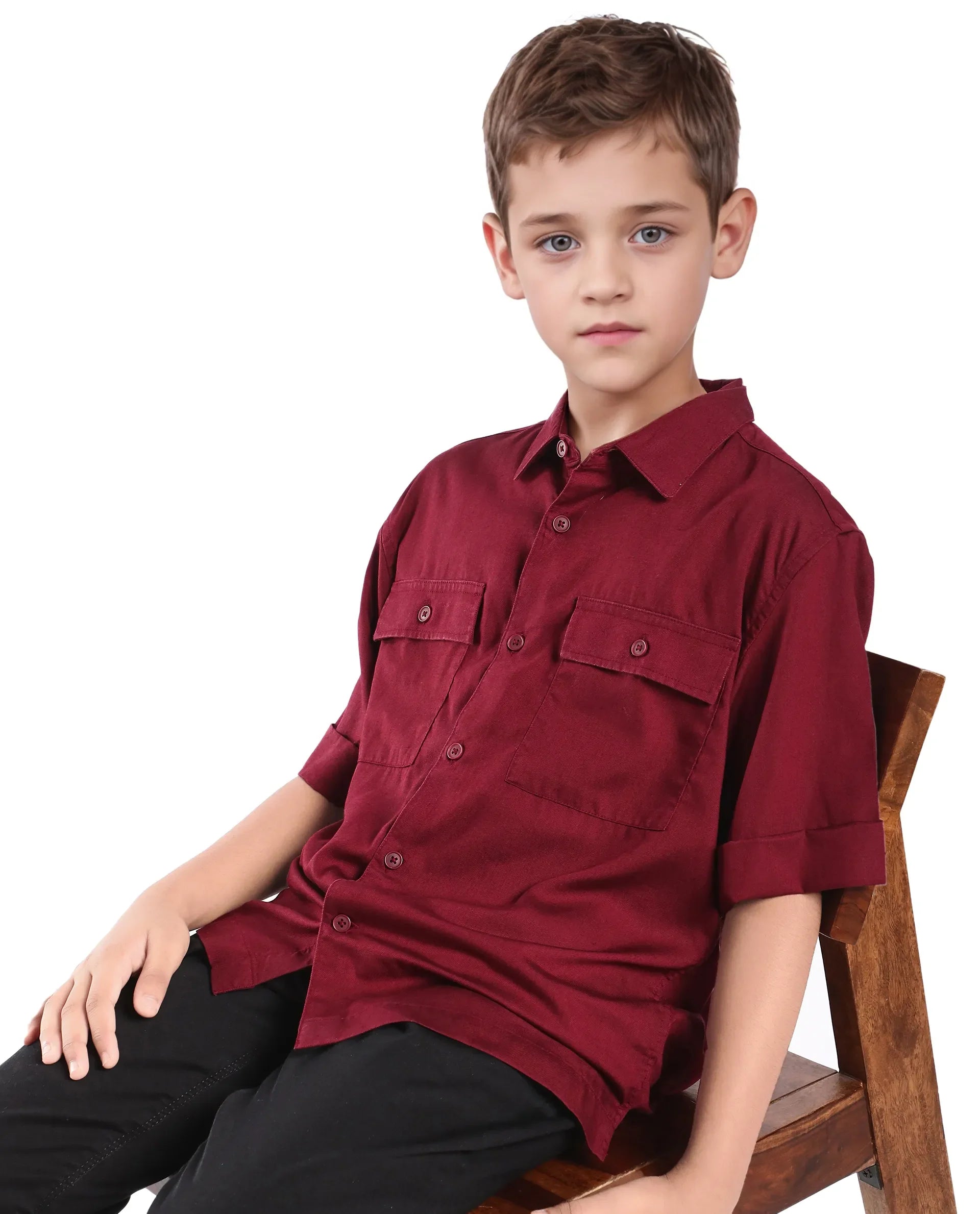 Rare Ones Kids Glin-S Red Lyocell Blend Solid Button Closure Boxy Fit Shirt