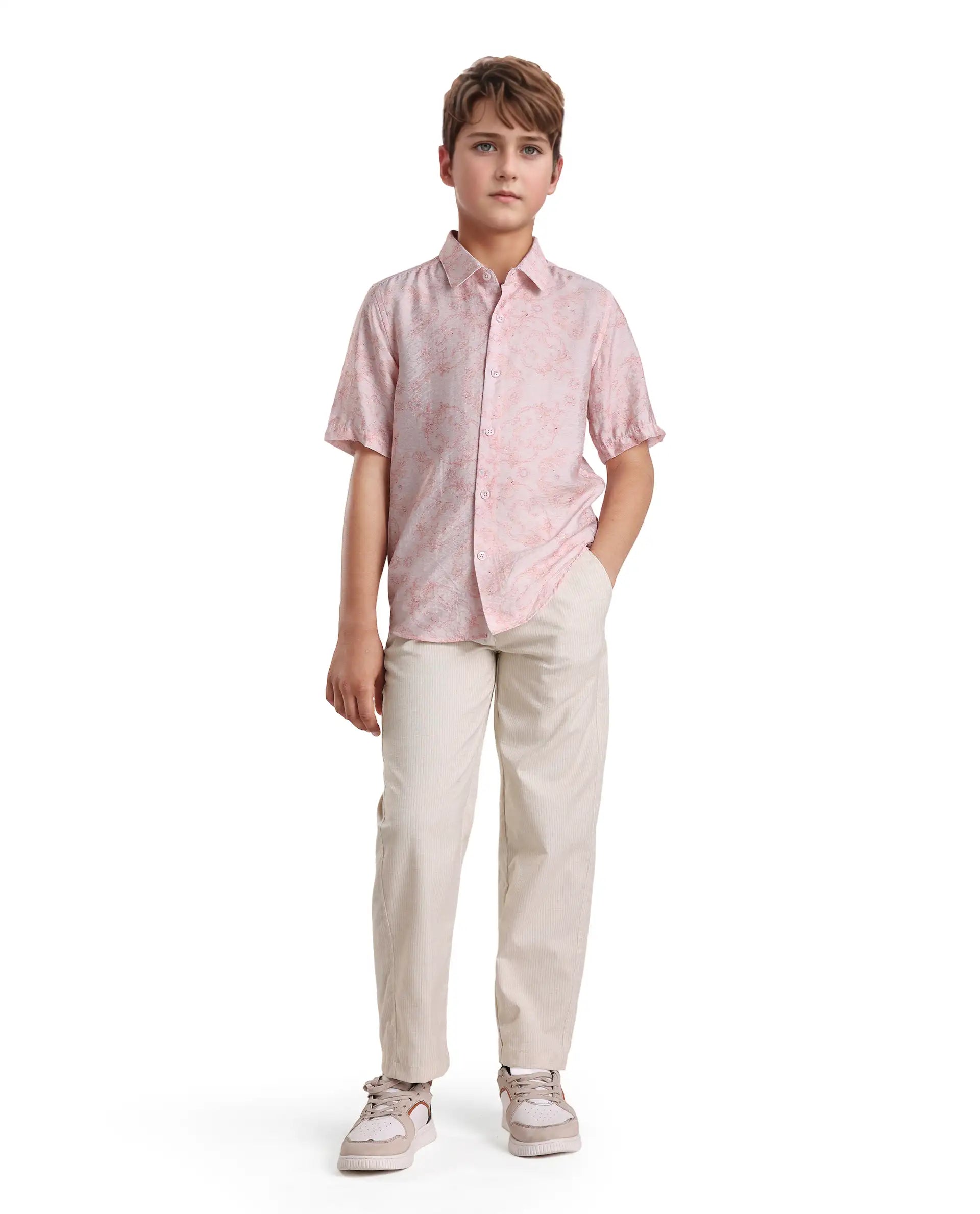Rare Ones Kids Jin Beige Cotton Blend Striped Button & Zip Closure Regular Fit Trouser