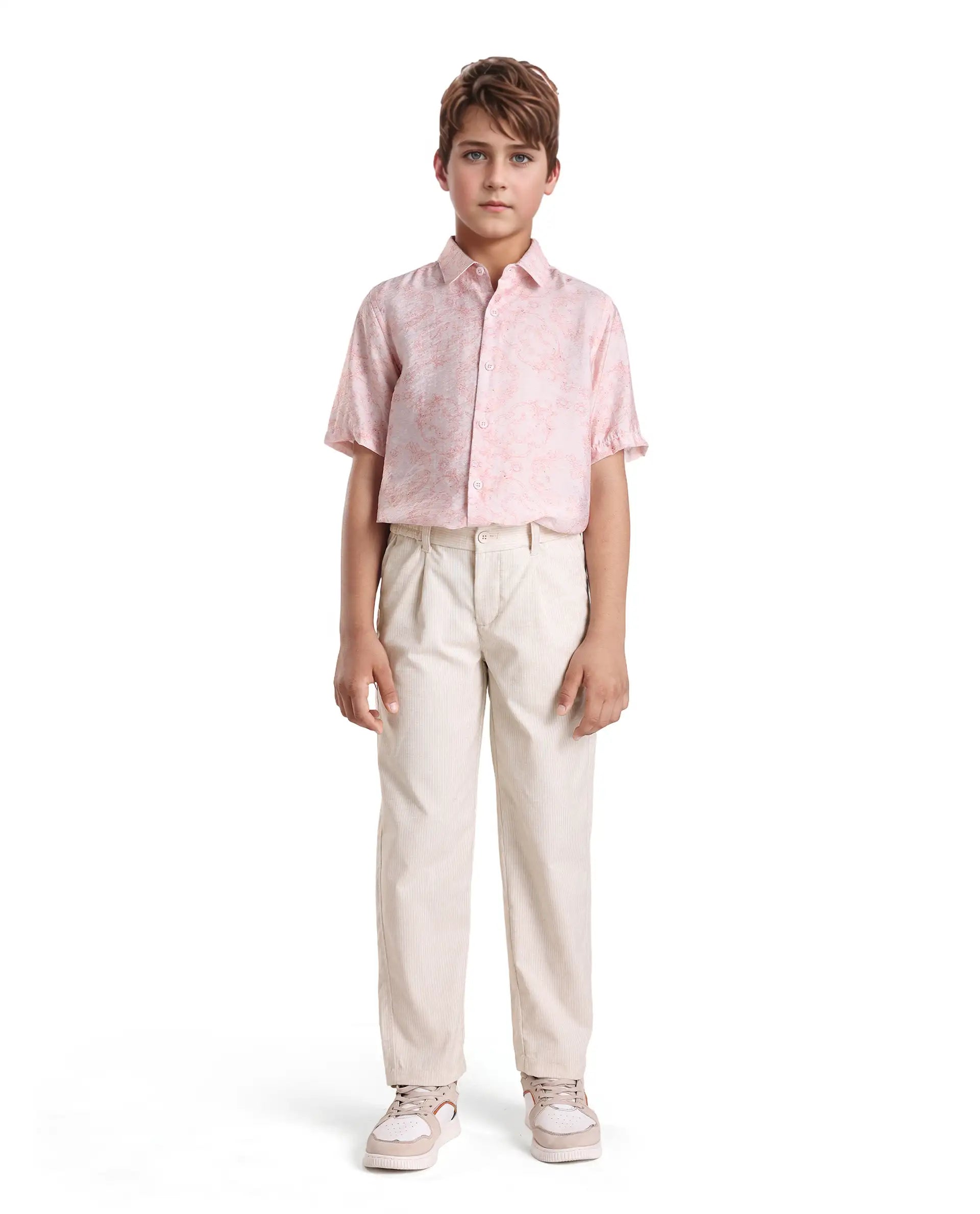 Rare Ones Kids Jin Beige Cotton Blend Striped Button & Zip Closure Regular Fit Trouser