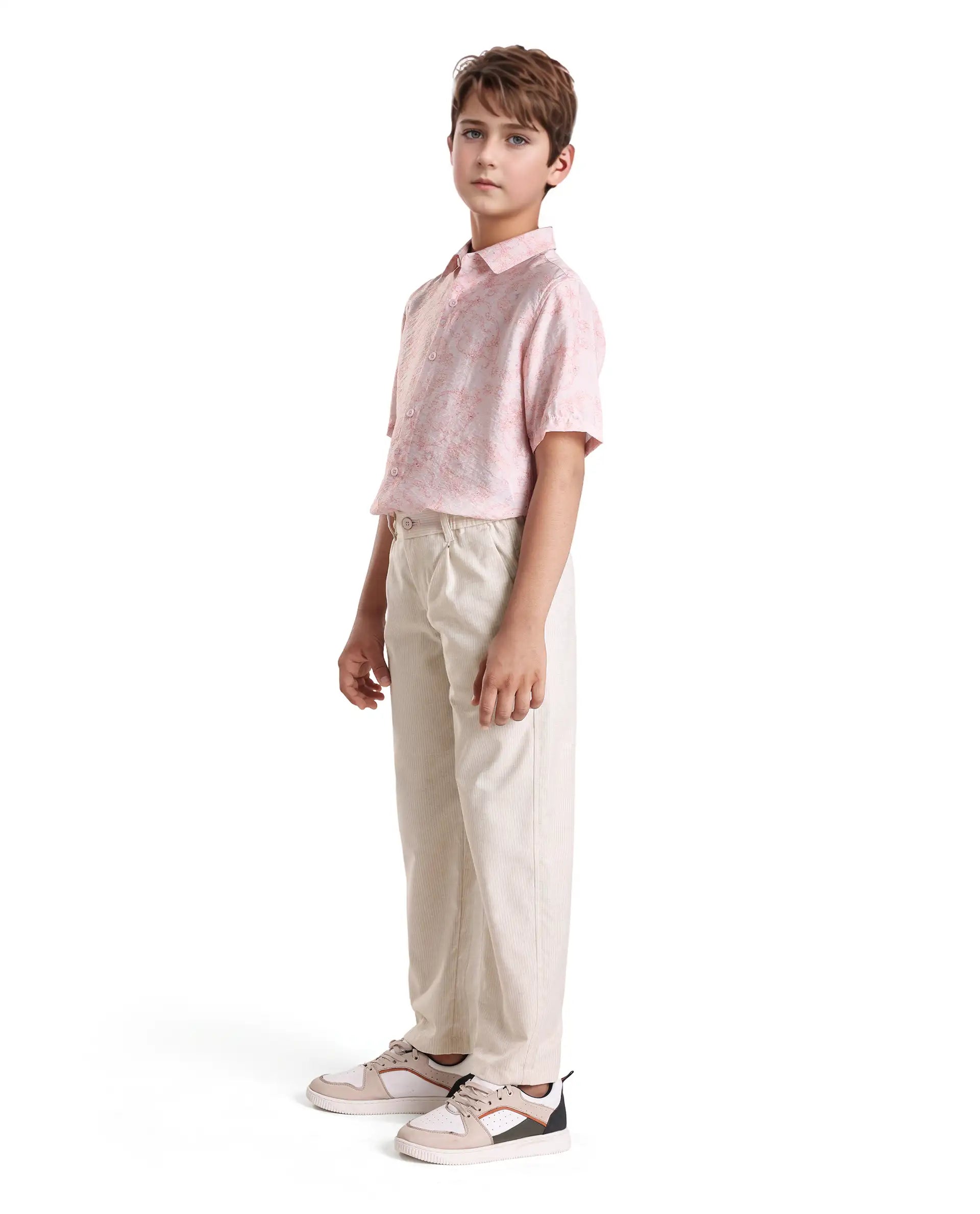 Rare Ones Kids Jin Beige Cotton Blend Striped Button & Zip Closure Regular Fit Trouser