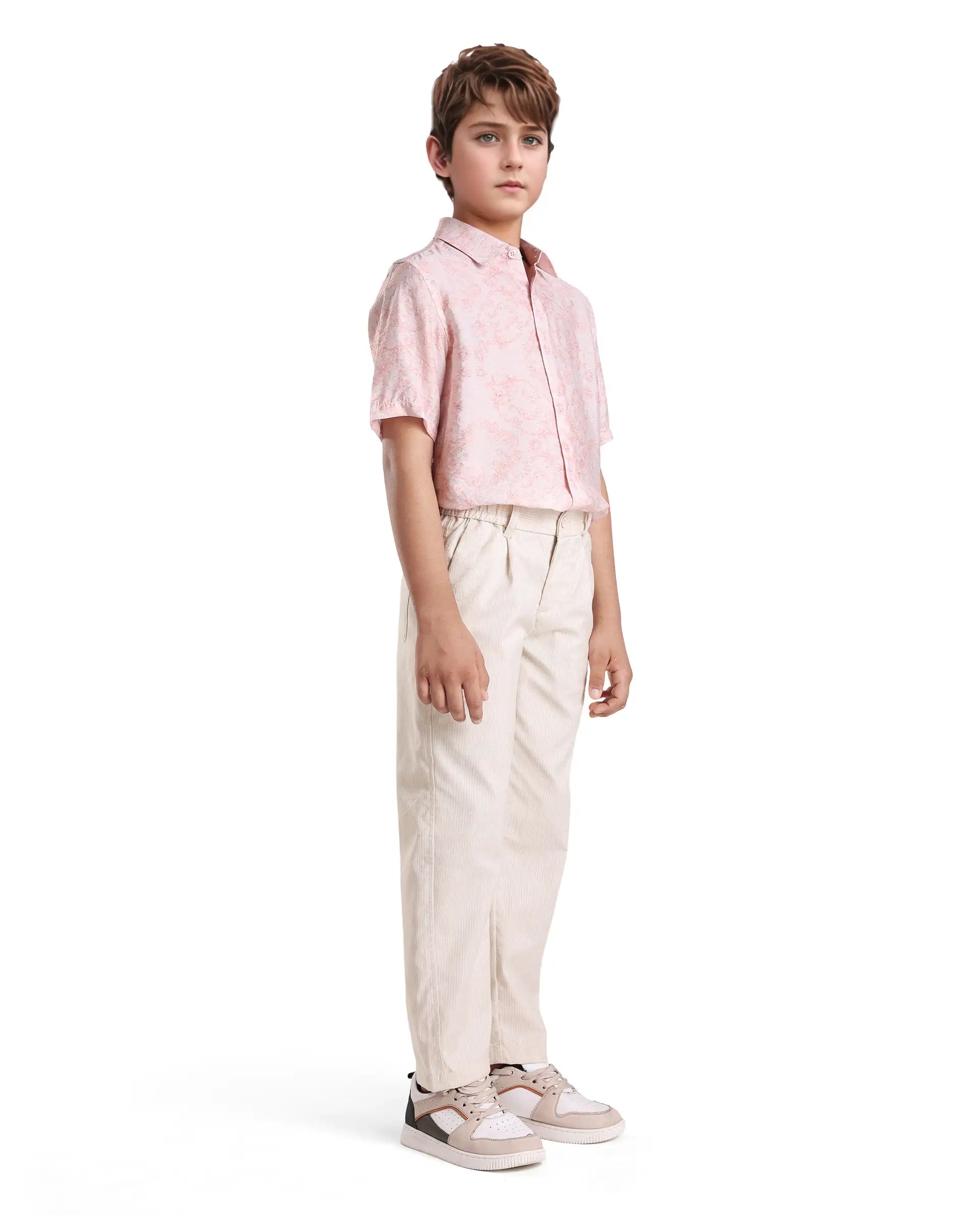Rare Ones Kids Jin Beige Cotton Blend Striped Button & Zip Closure Regular Fit Trouser
