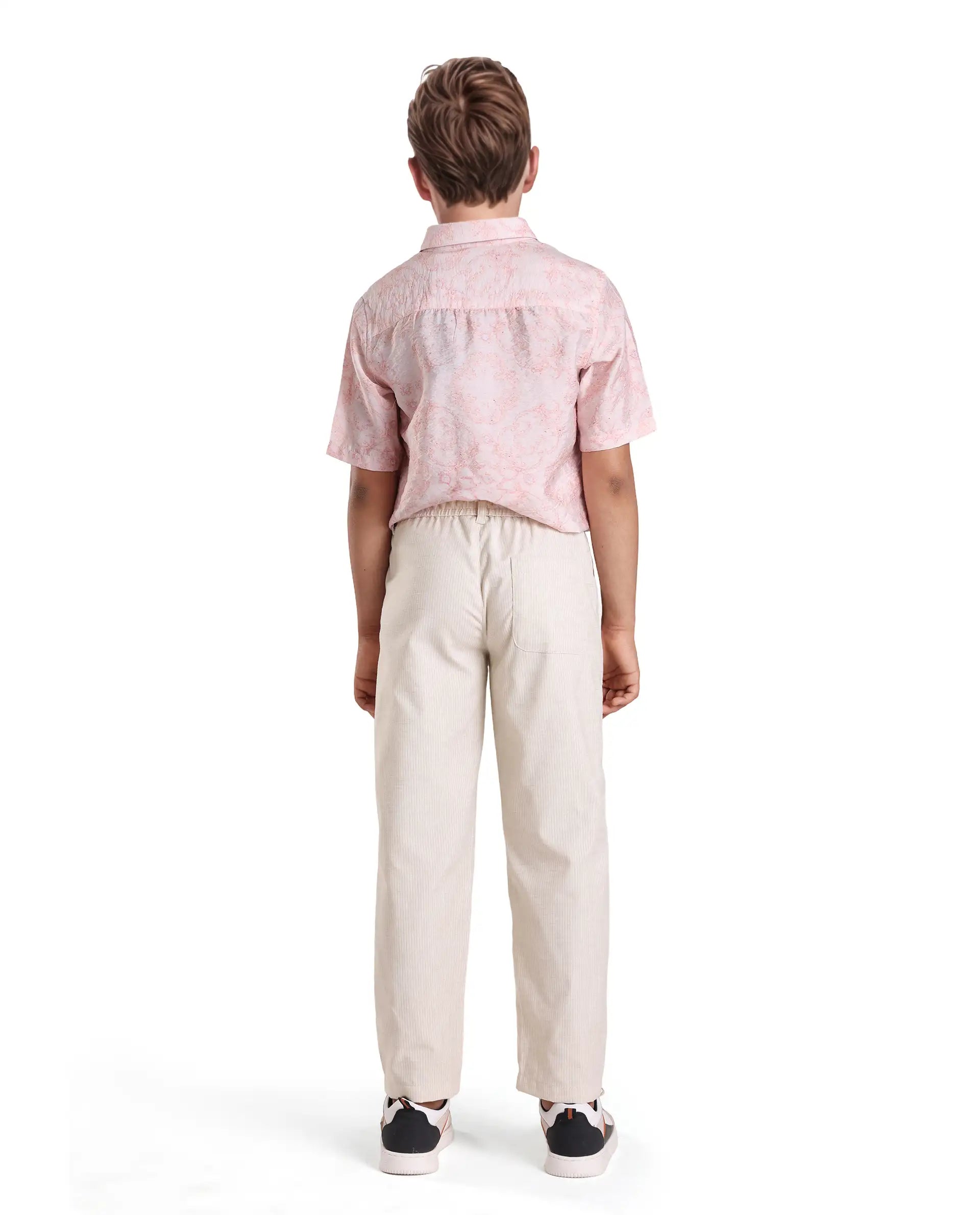 Rare Ones Kids Jin Beige Cotton Blend Striped Button & Zip Closure Regular Fit Trouser