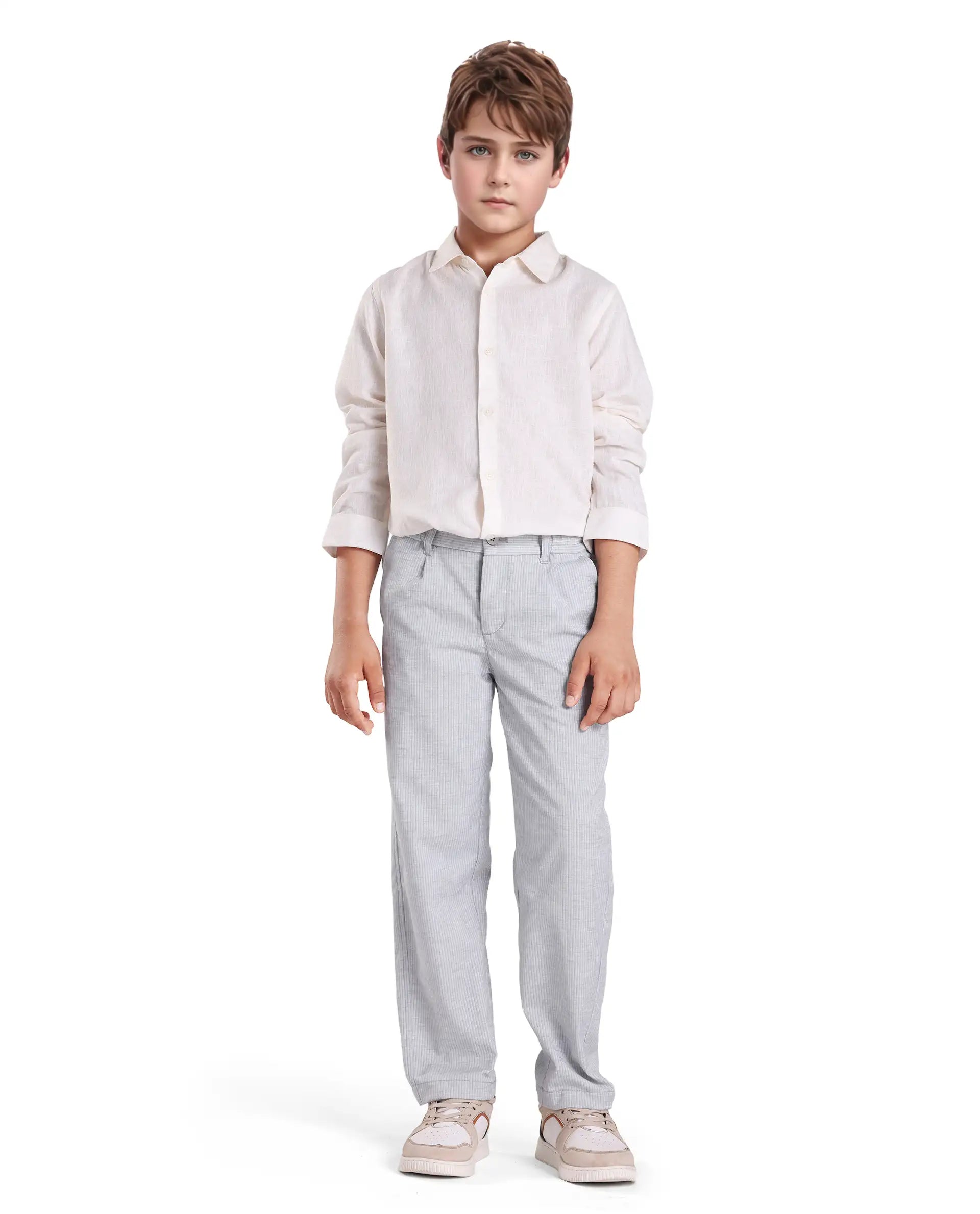 Rare Ones Kids Jin Light Green Cotton Blend Striped Button & Zip Closure Regular Fit Trouser