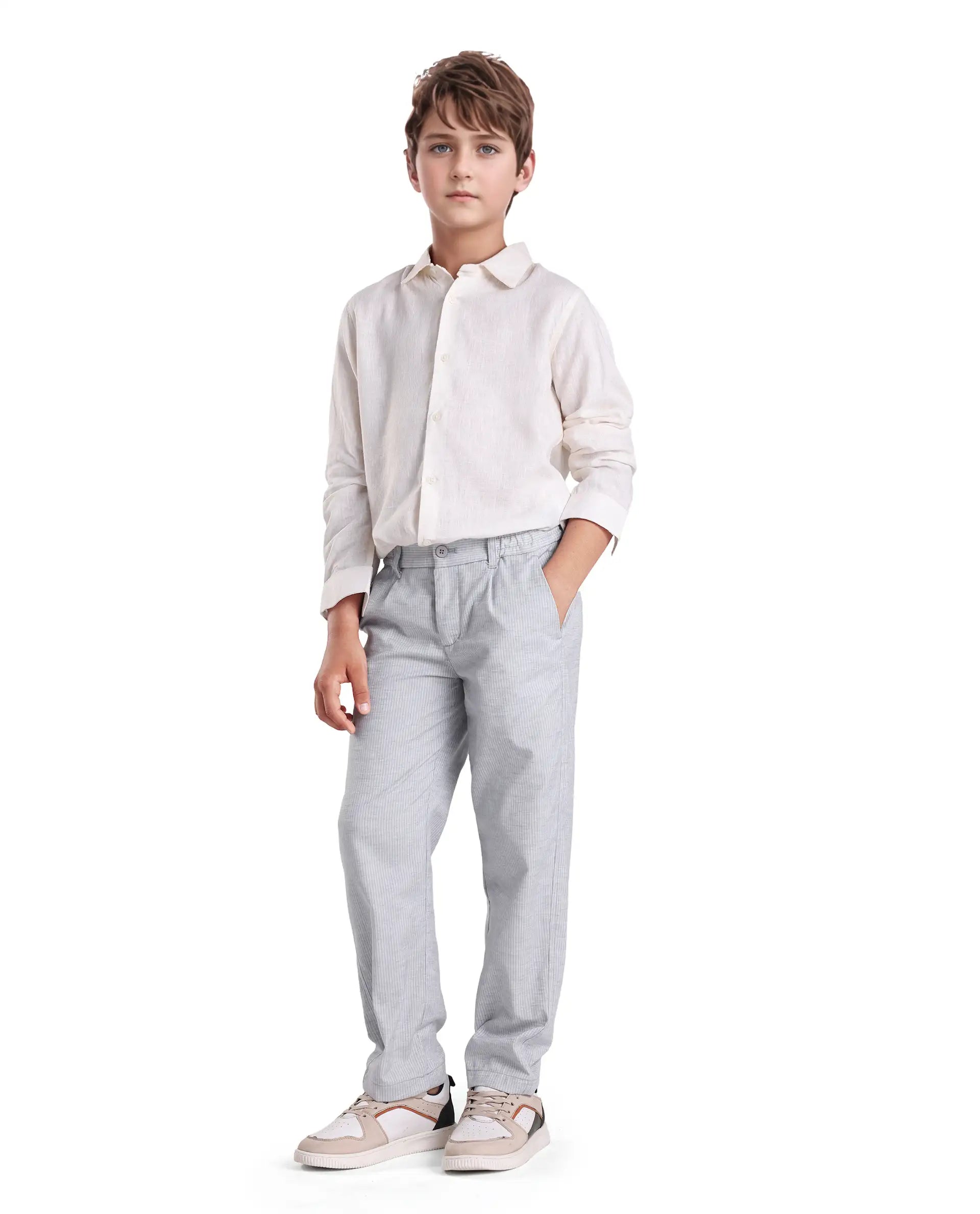 Rare Ones Kids Jin Light Green Cotton Blend Striped Button & Zip Closure Regular Fit Trouser