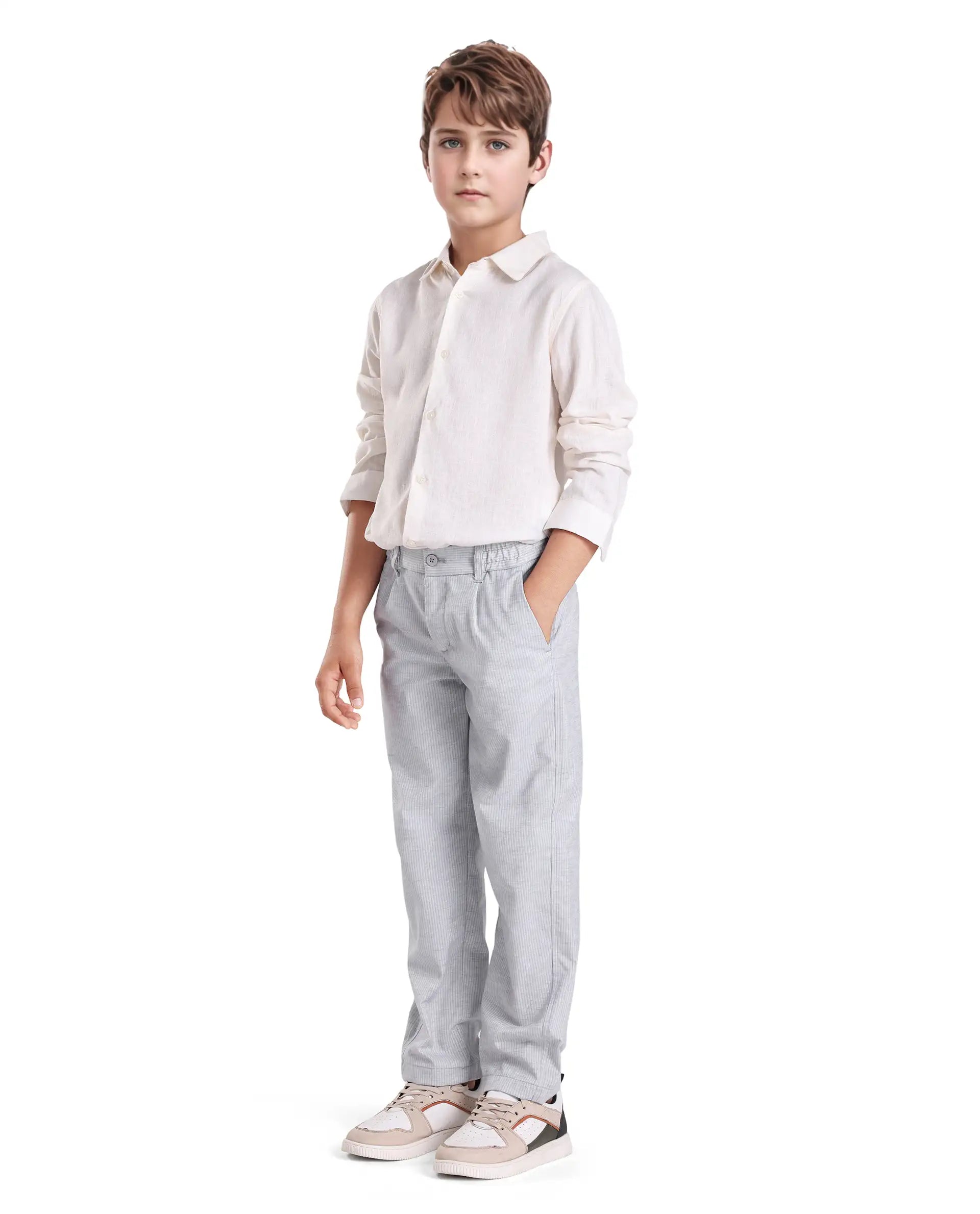 Rare Ones Kids Jin Light Green Cotton Blend Striped Button & Zip Closure Regular Fit Trouser