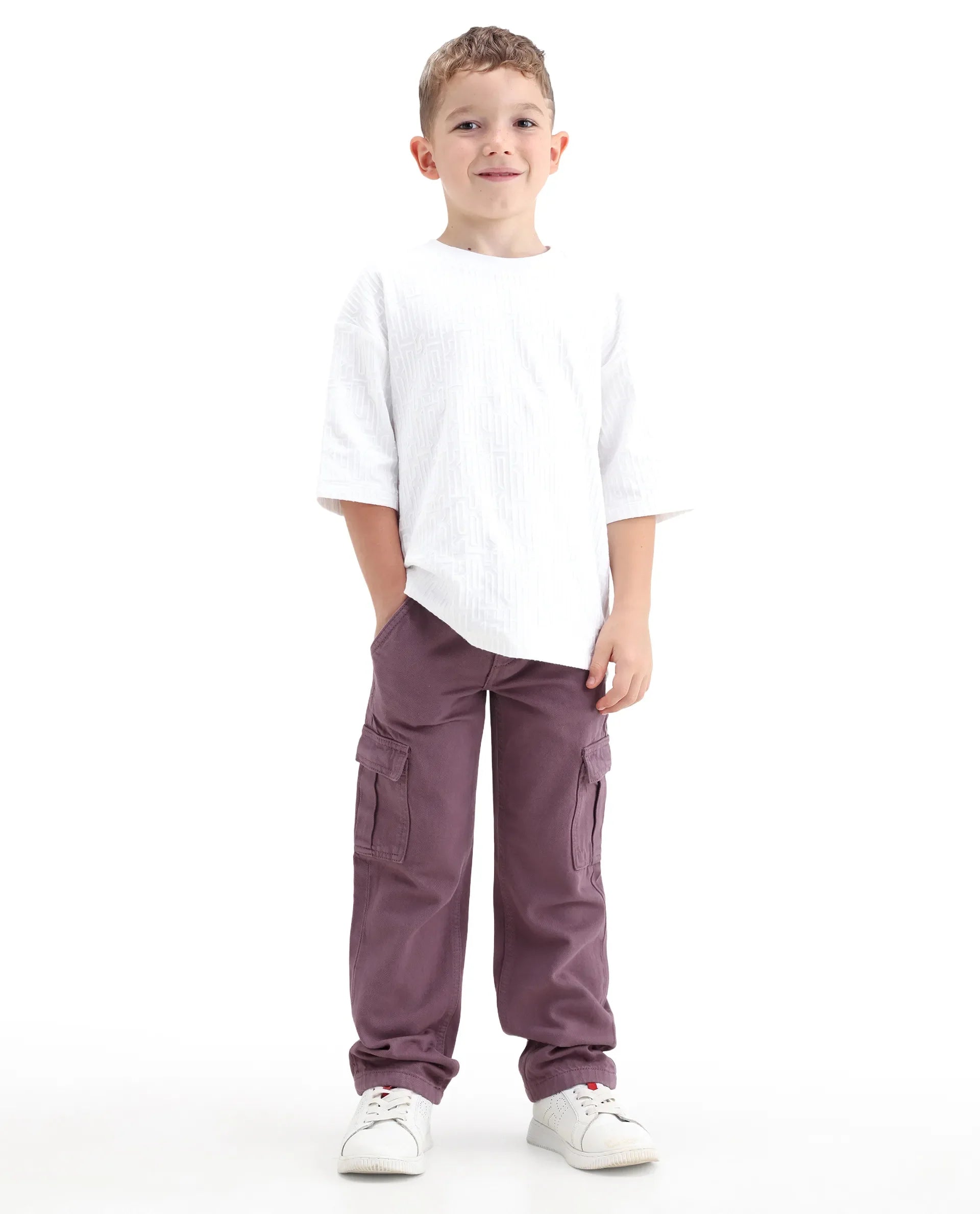 Rare Ones Kids Arrot-2 Dusky Purple Cotton Fabric Zipper Closure Cargo Fit Jeans