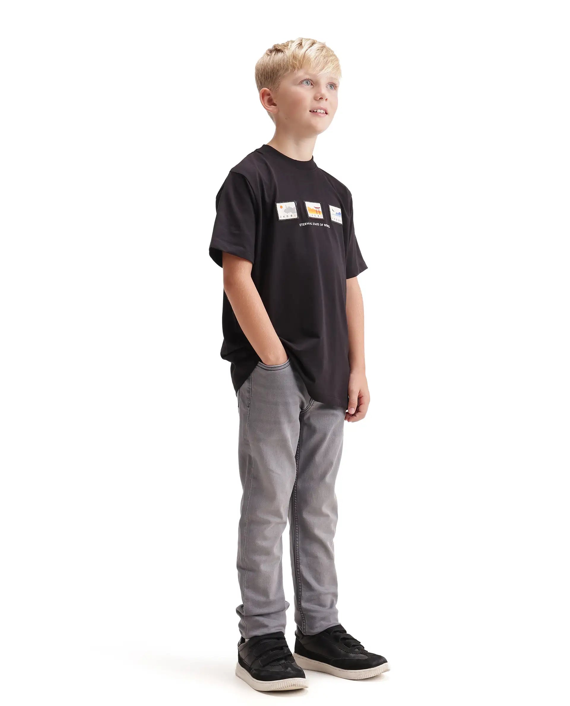 Rare Ones Kids Kemp Grey Cotton Blend Fabric Button And Zip Closure Slim Fit Plain Jeans