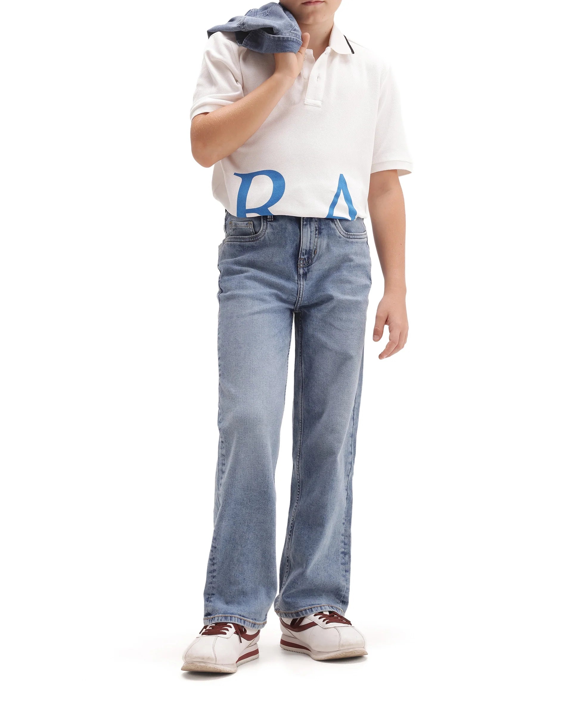 Rare Ones Kids Yogo Light Blue Cotton Blend Fabric Button And Zip Closure Relaxed Fit Plain Jeans