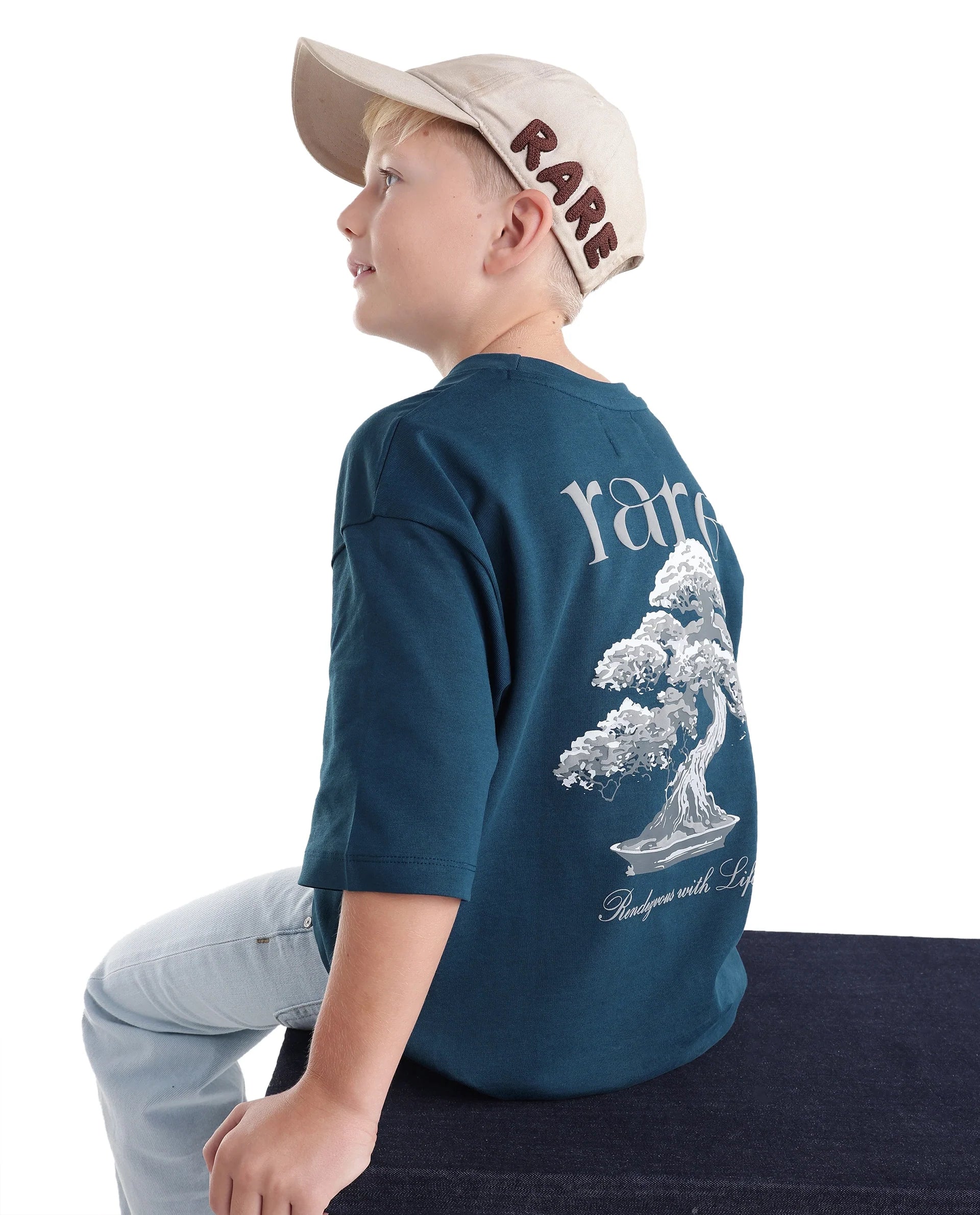 Rare Ones Kids Bonz Dark Teal Cotton Fabric Pull-On Closure Oversized Fit T-Shirt