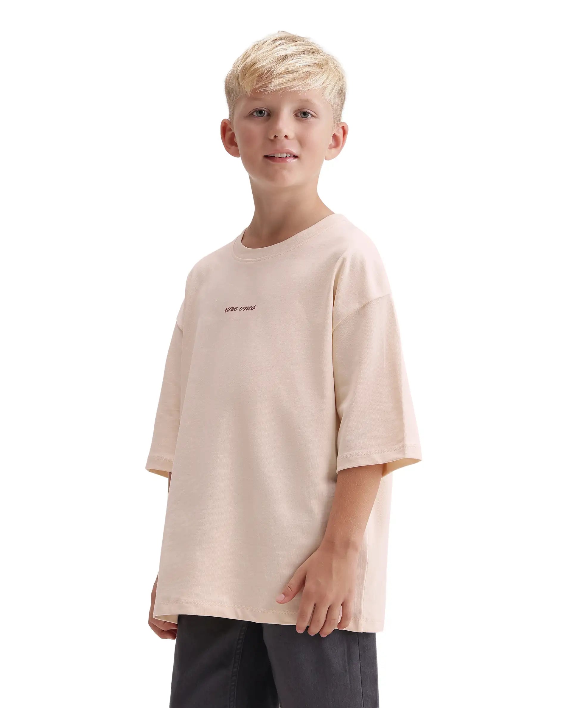 Rare Ones Kids Bonz Light Beige Cotton Fabric Pull-On Closure Oversized Fit T-Shirt