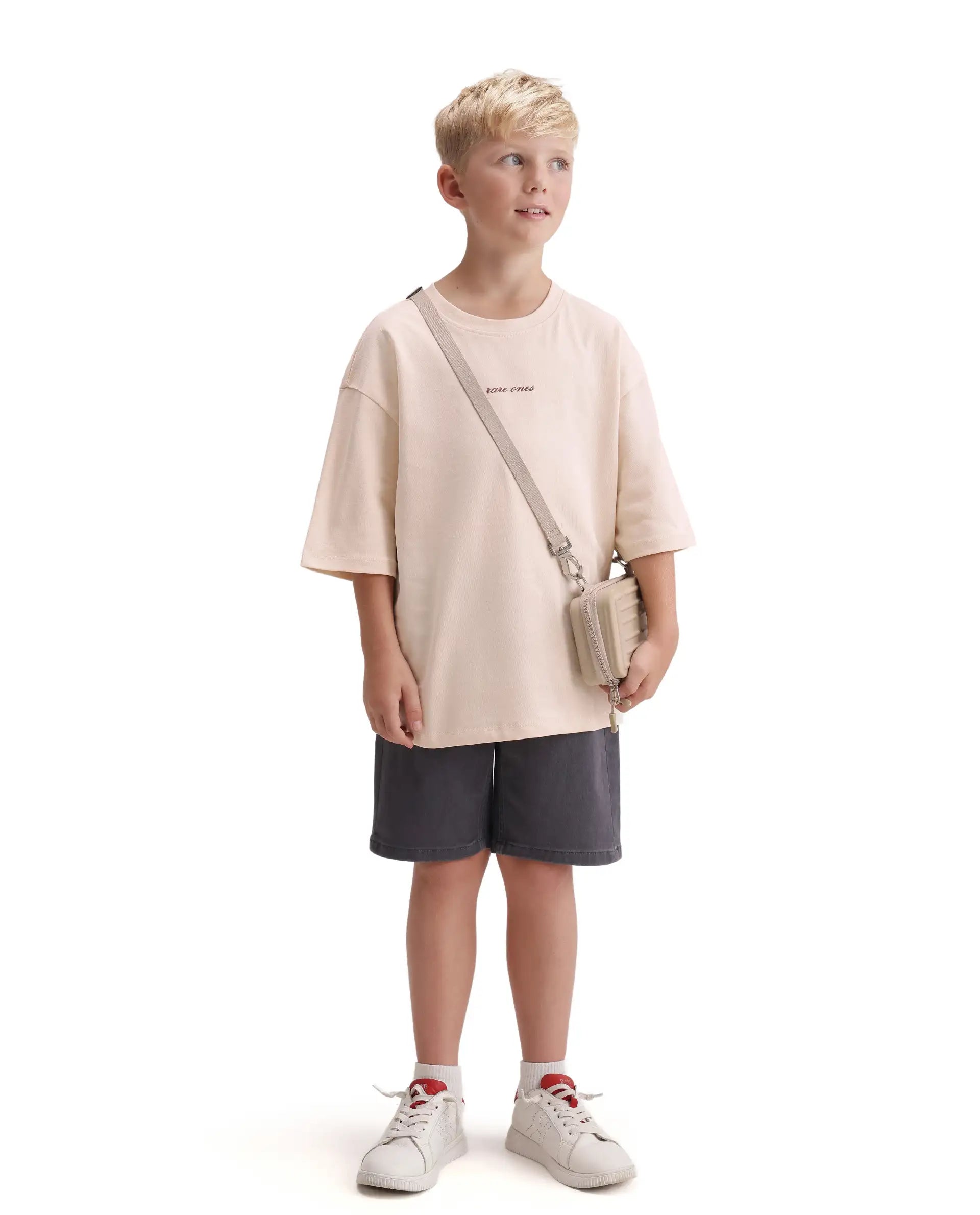 Rare Ones Kids Bonz Light Beige Cotton Fabric Pull-On Closure Oversized Fit T-Shirt
