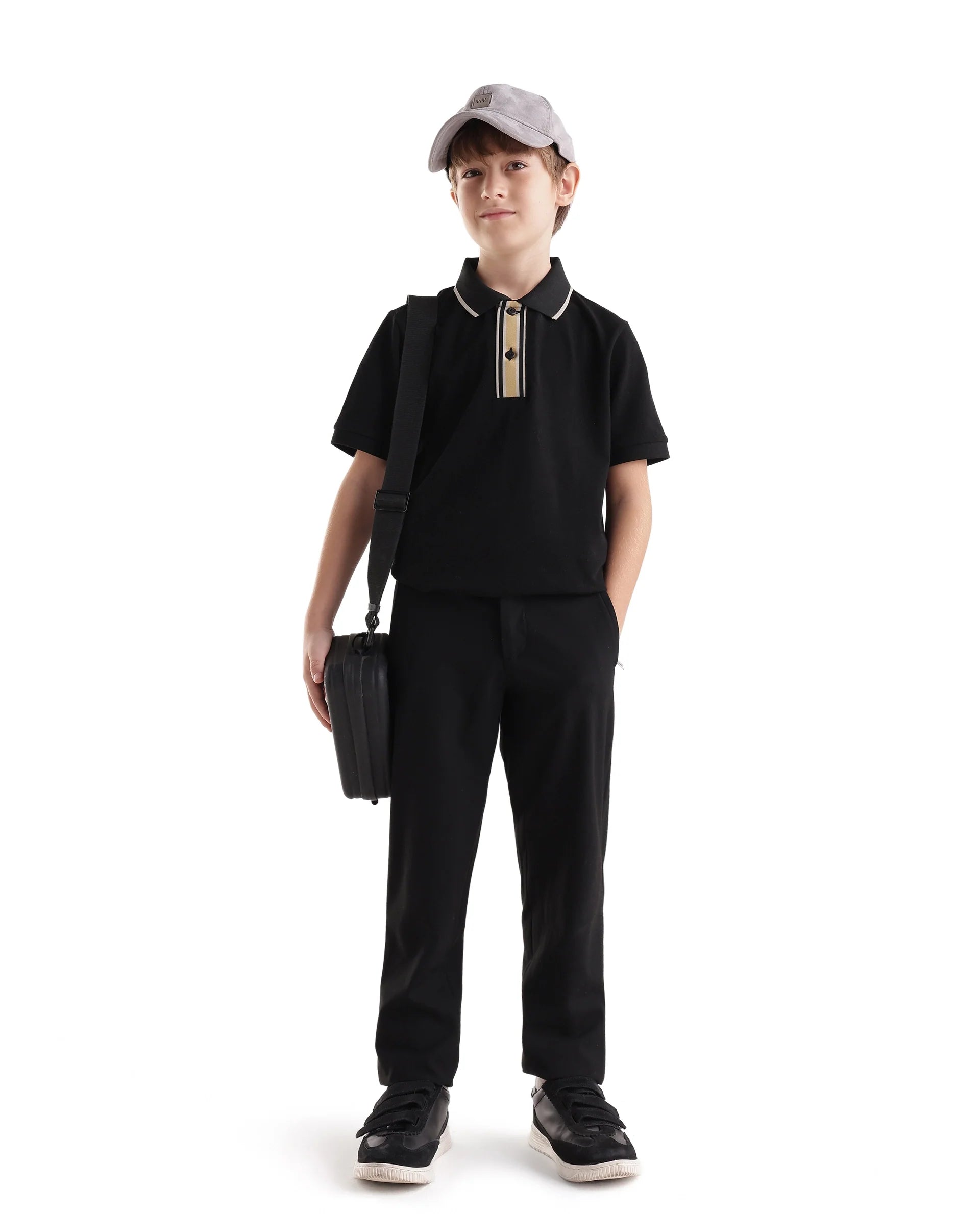 Rare Ones Kids Bold Black Cotton Fabric Button Closure Regular Fit Polo