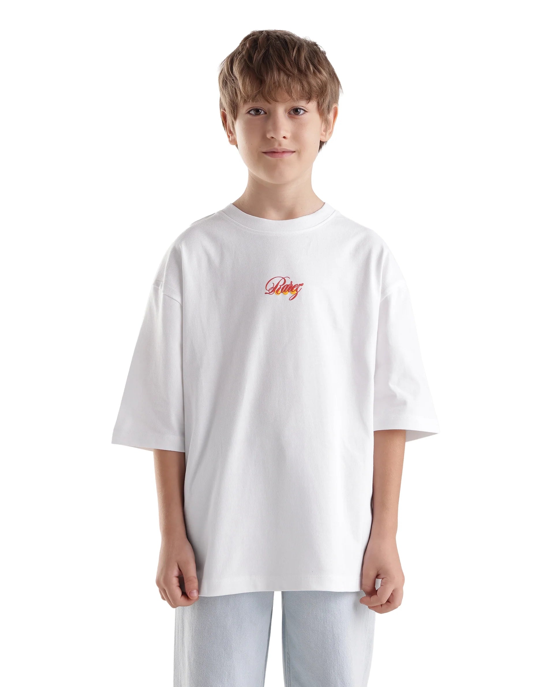 Rare Ones Kids Cube-K White Cotton Fabric Pull-On Closure Oversized Fit T-Shirt