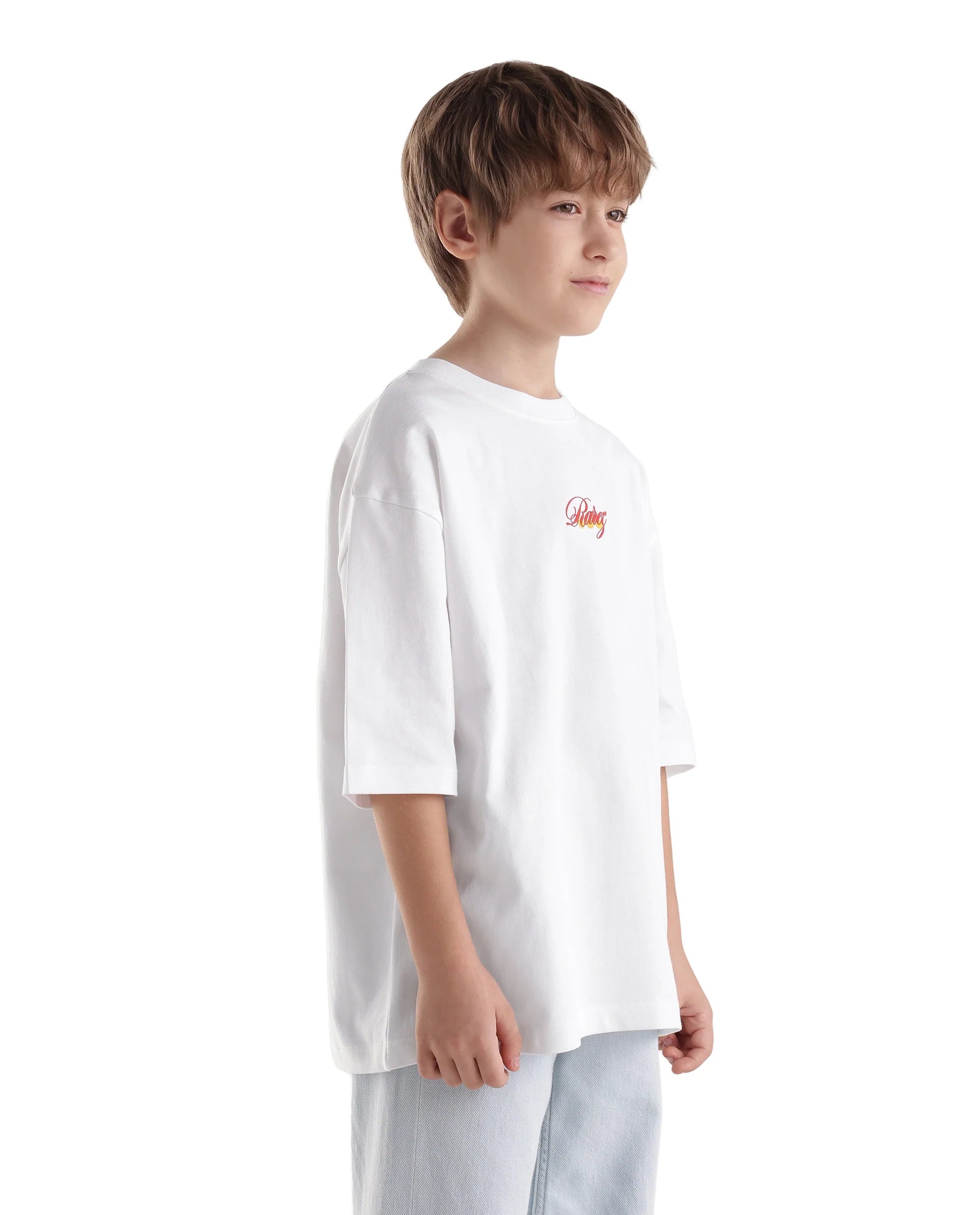 Rare Ones Kids Cube-K White Cotton Fabric Pull-On Closure Oversized Fit T-Shirt