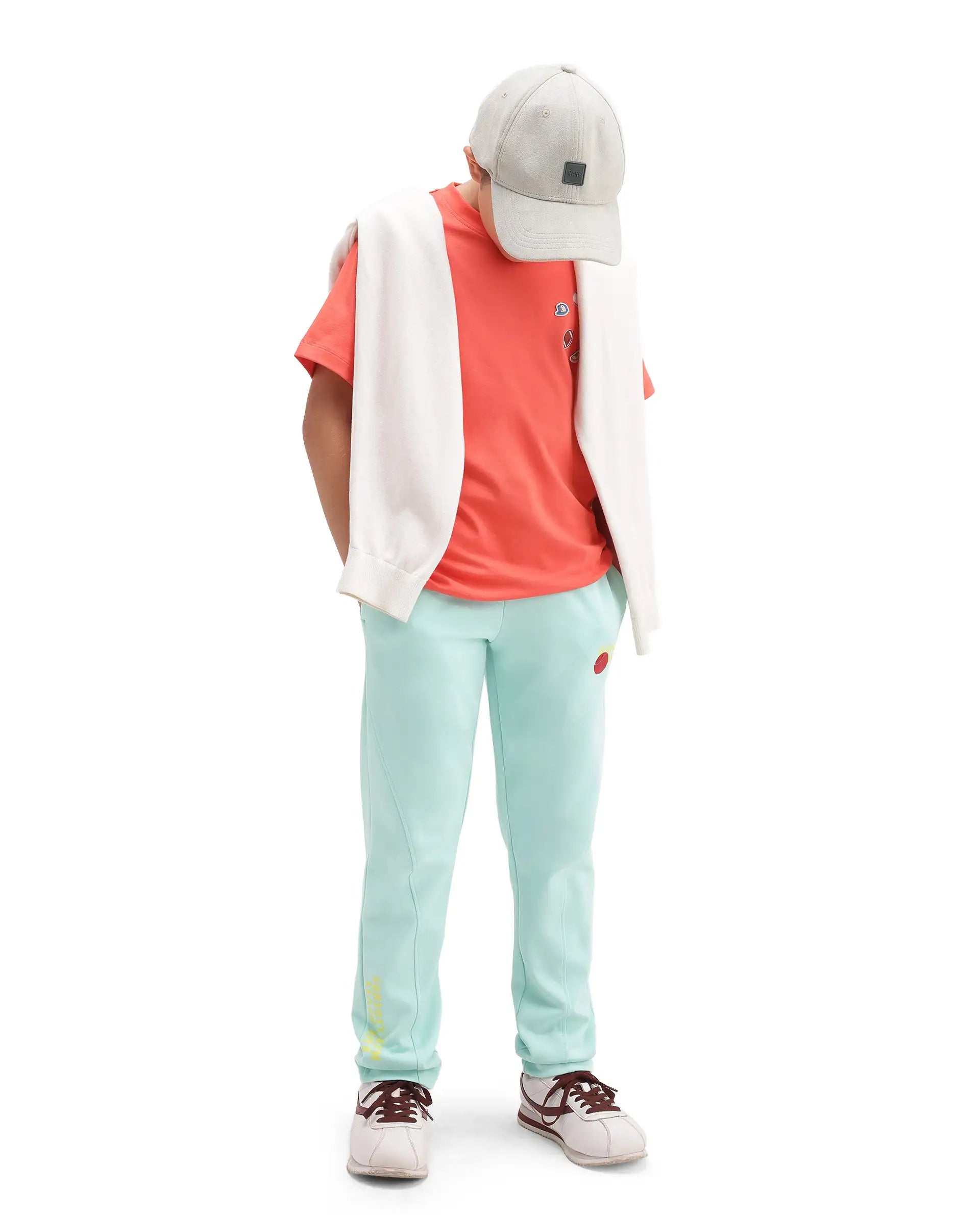 Rare Ones Kids Ronda Turq Cotton Blend Fabric Drawstring Closure Carrot Plain Track Pant