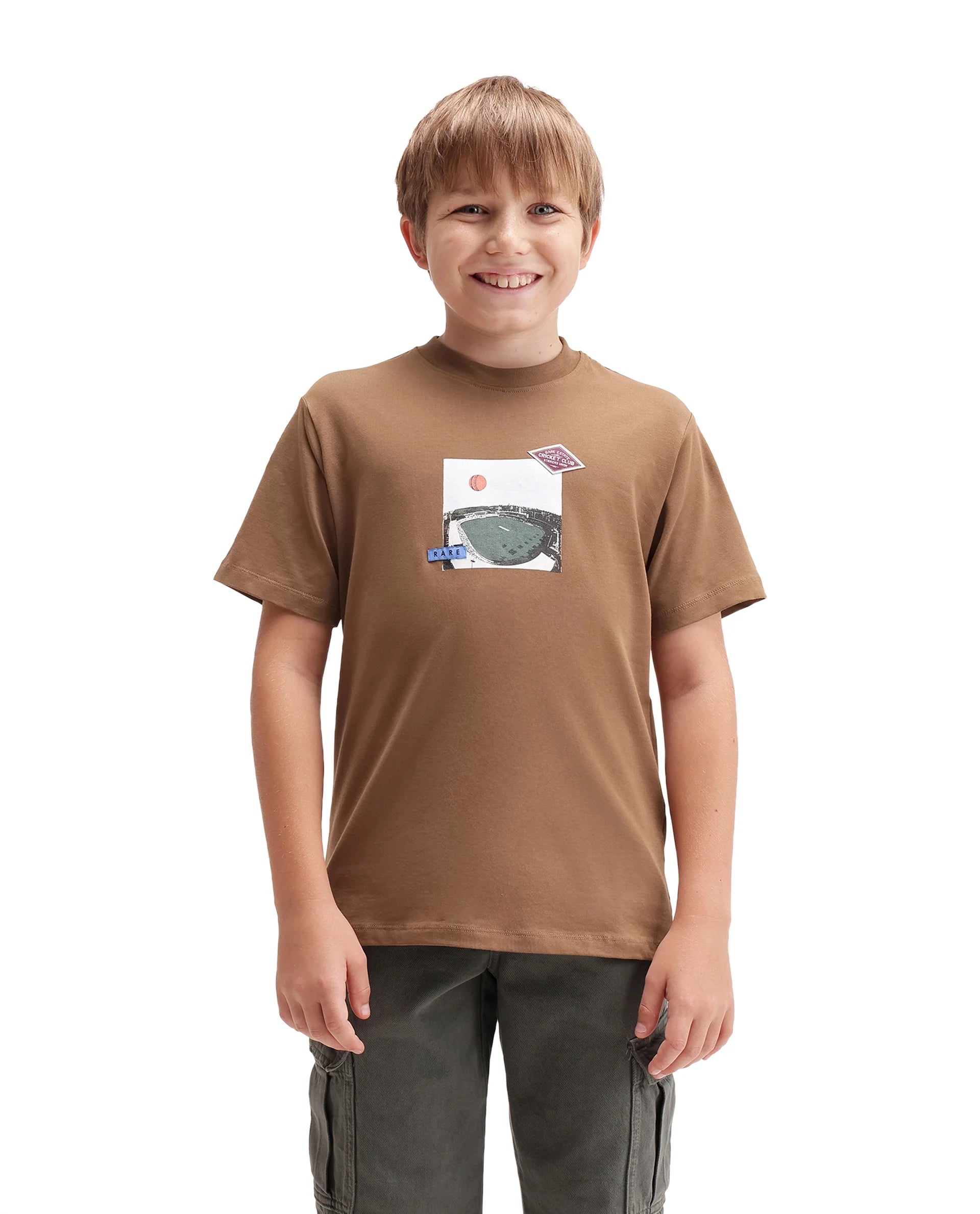 Rare Ones Kids Cric Brown Cotton Blend Fabric Pull-On Closure Regular Fit Graphic Print T-Shirt