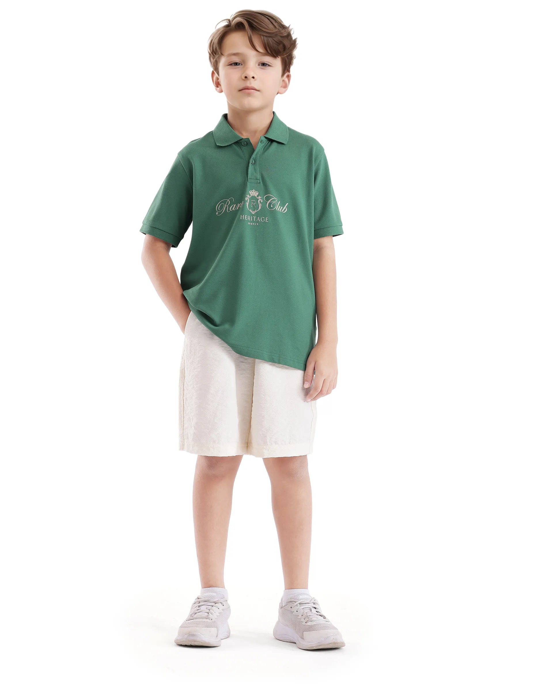 Rare Ones Kids Aimo Green Cotton Short Sleeve Hd Print Polo
