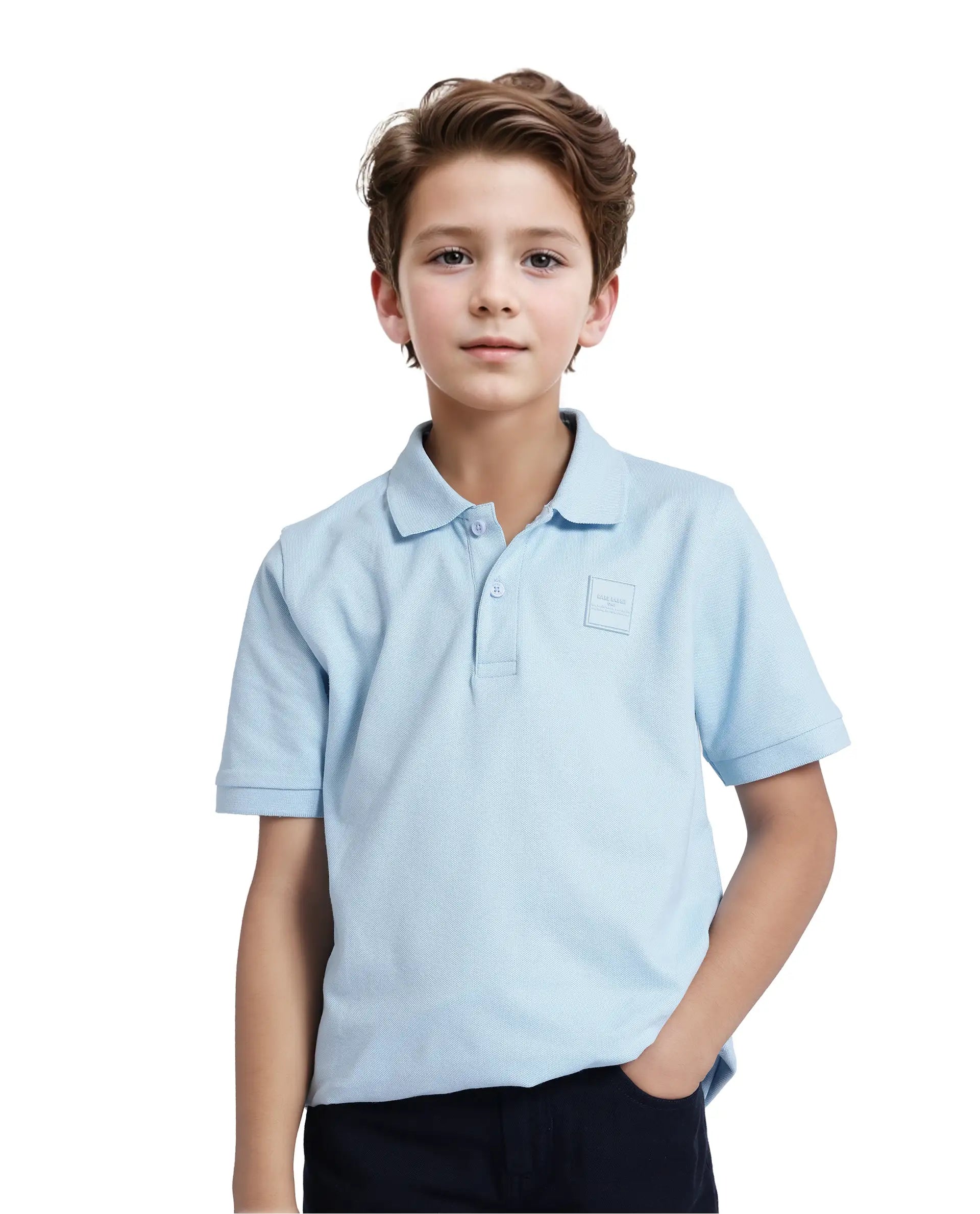 Rare Ones Kids Aran Light Blue Cotton Blend Short Sleeve Polo Neck Applique Polo