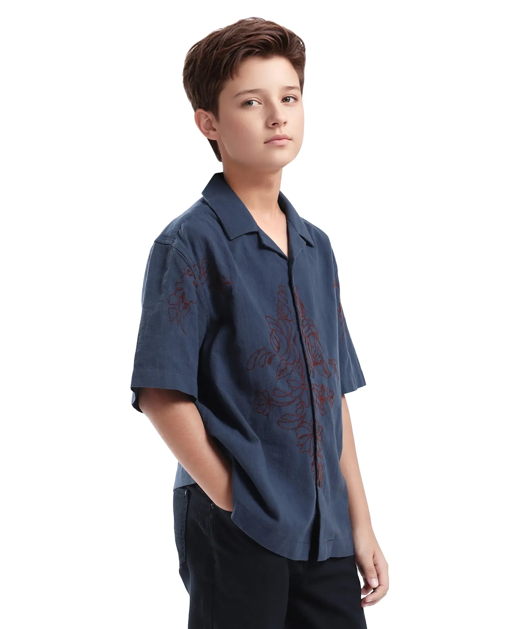 Rare Ones Kids Aria Dusky Blue Cotton Blend Half Sleeve Embroidered Button Closure Regular Fit Shirt