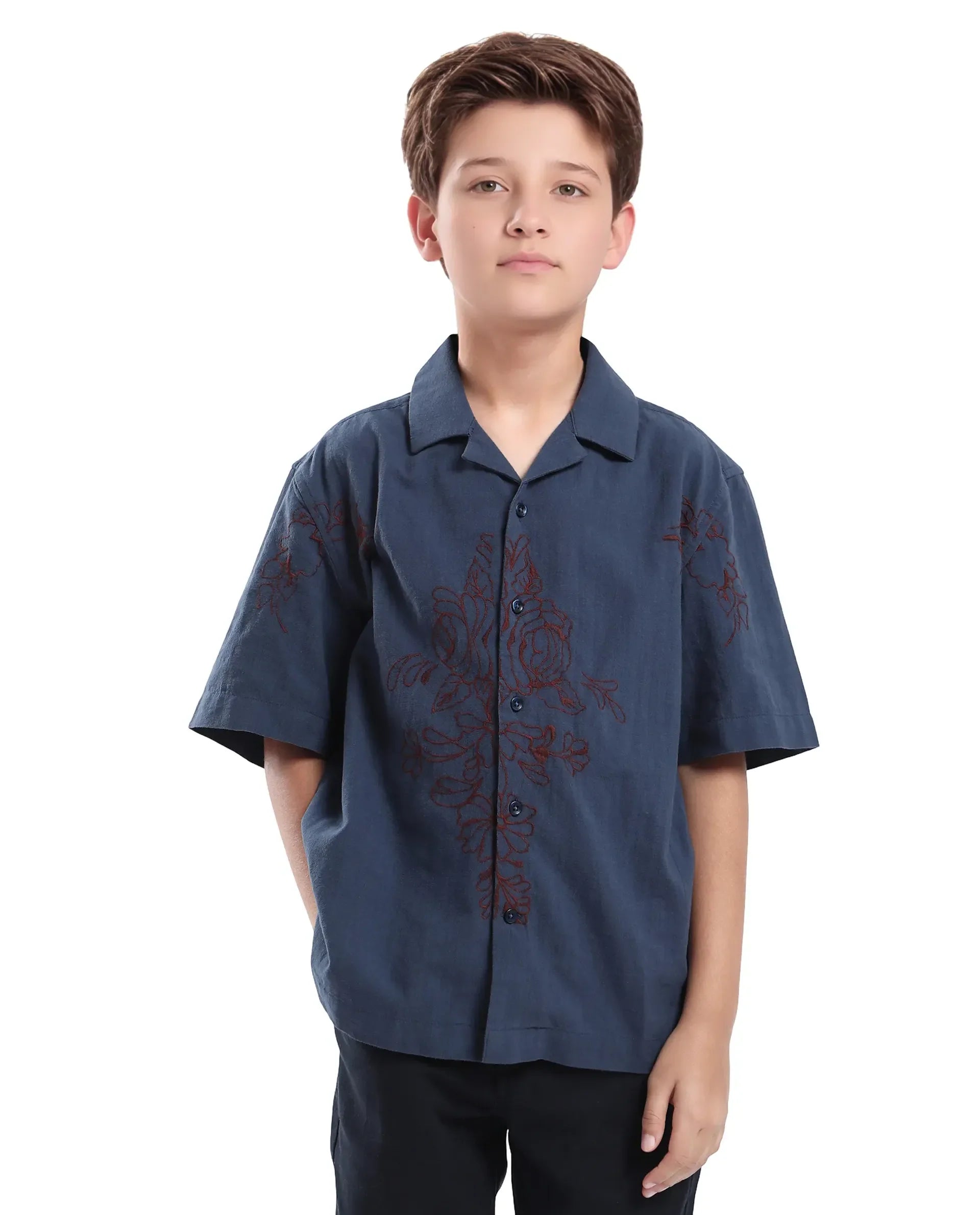 Rare Ones Kids Aria Dusky Blue Cotton Blend Half Sleeve Embroidered Button Closure Regular Fit Shirt