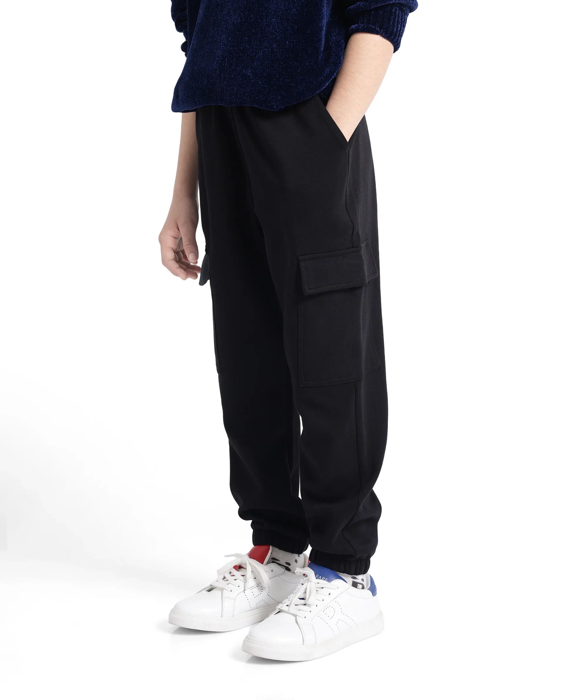 Rare Ones Kids Baro Black Cotton Poly Solid Drawstring Closure Regular Fit Trackpant