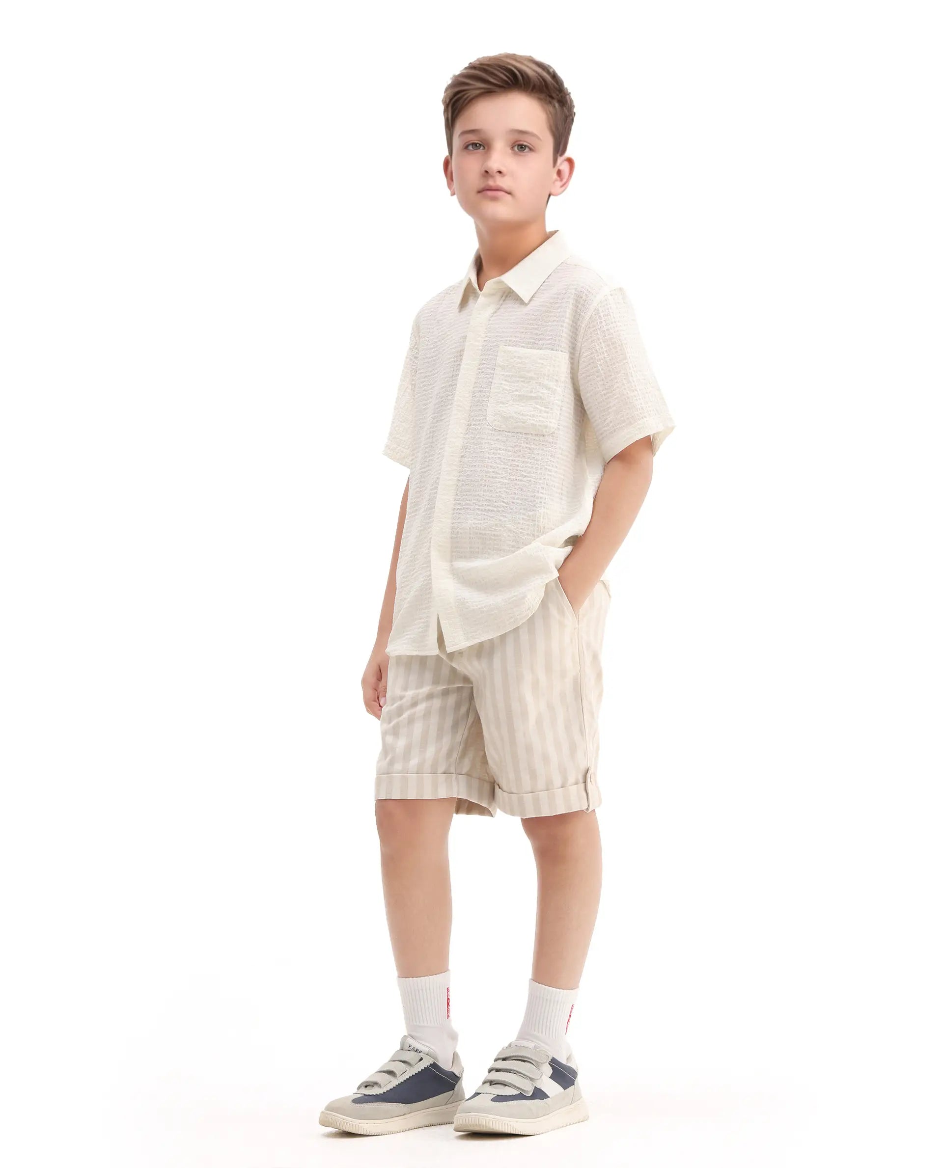 Rare Ones Kids Danni Beige Cotton Blend Striped Button & Zip Closure Regular Fit Shorts