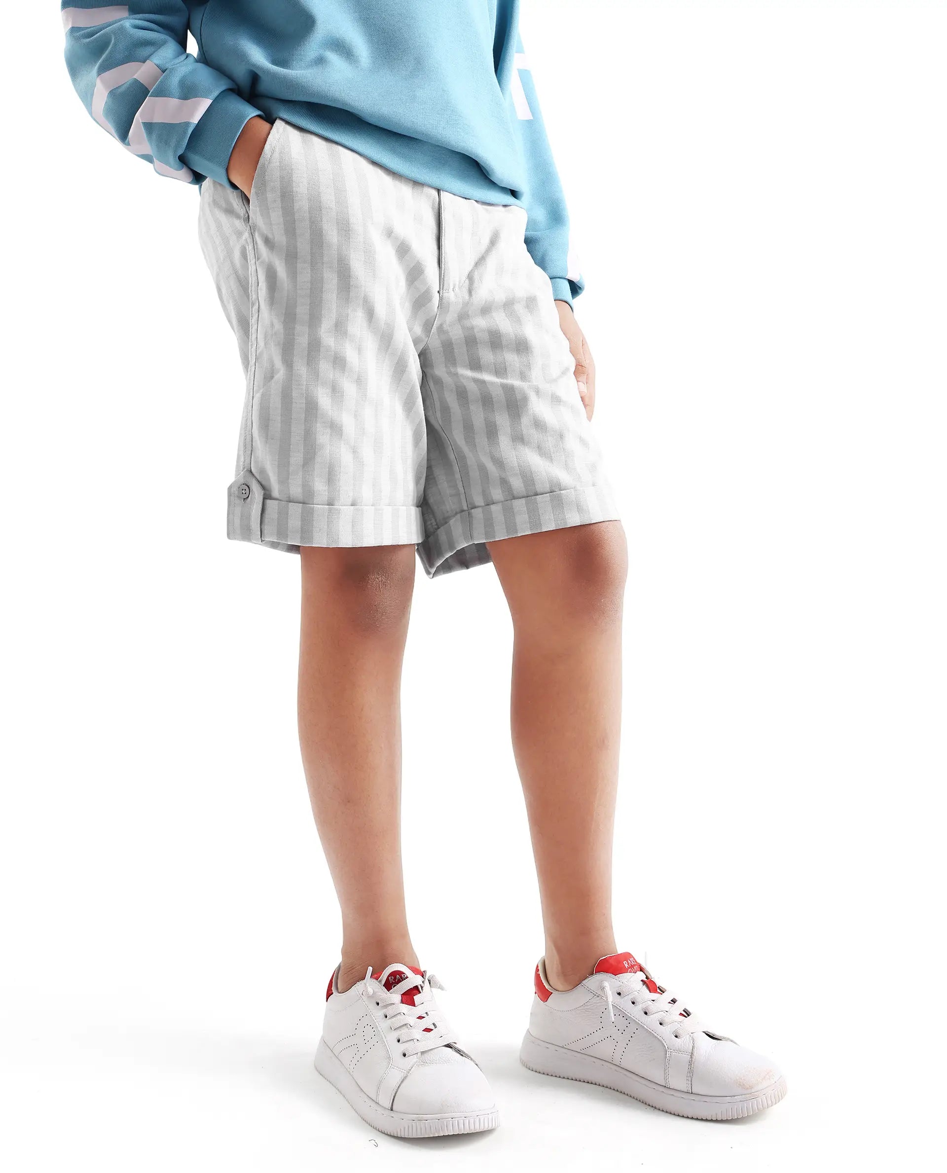 Rare Ones Kids Danni Light Green Cotton Blend Striped Drawstring Closure Regular Fit Shorts