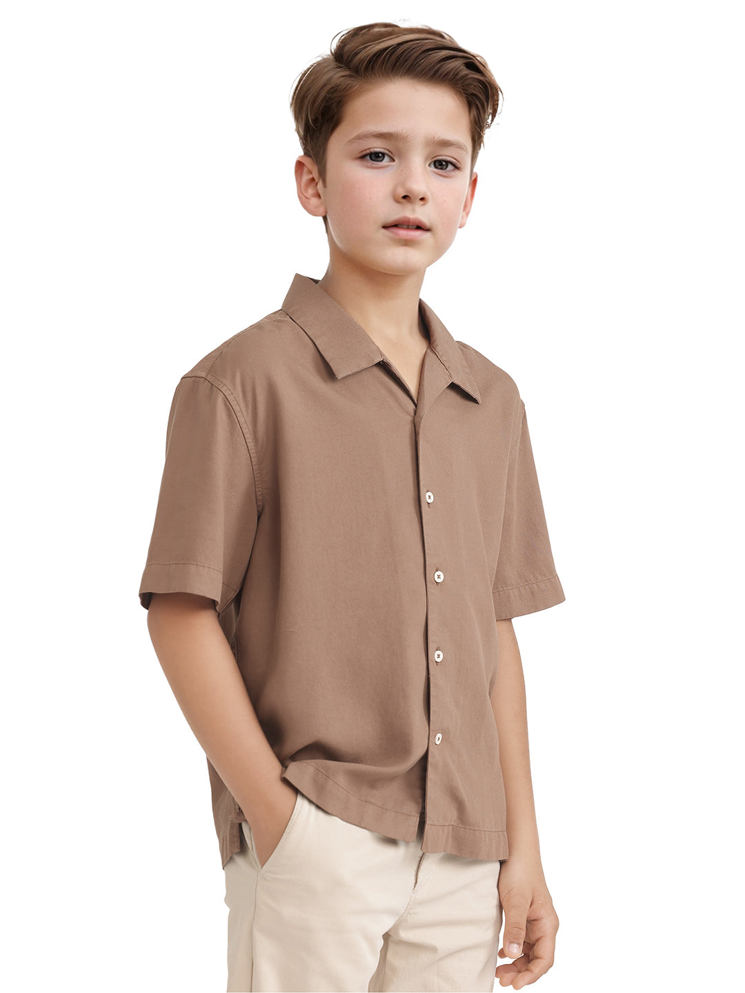 Rare Ones Kids Fern-S Brown Cotton Blend Half Sleeve Button Closure Solid Regular Fit Shirt