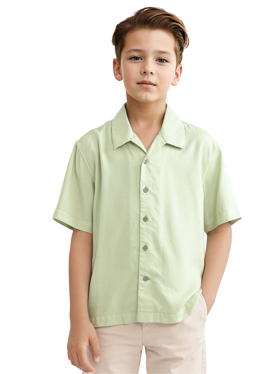 Rare Ones Kids Fern-S Light Green Cotton Blend Half Sleeve Button Closure Solid Regular Fit Shirt