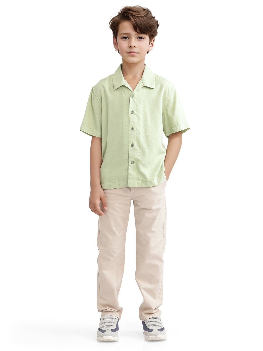 Rare Ones Kids Fern-S Light Green Cotton Blend Half Sleeve Button Closure Solid Regular Fit Shirt