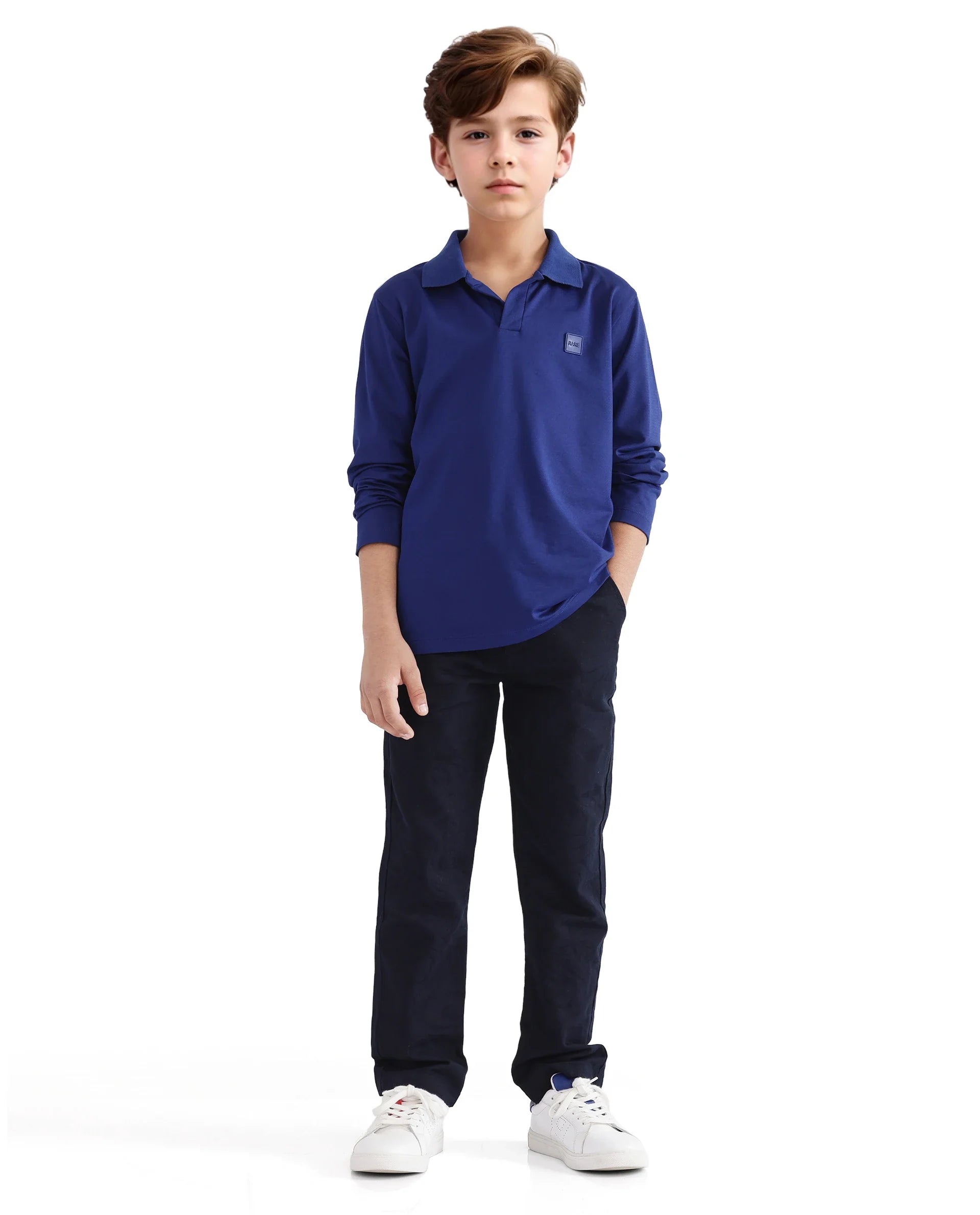 Rare Ones Kids Flit Blue Cotton Blend Full Sleeve Regular Collar Solid Polo