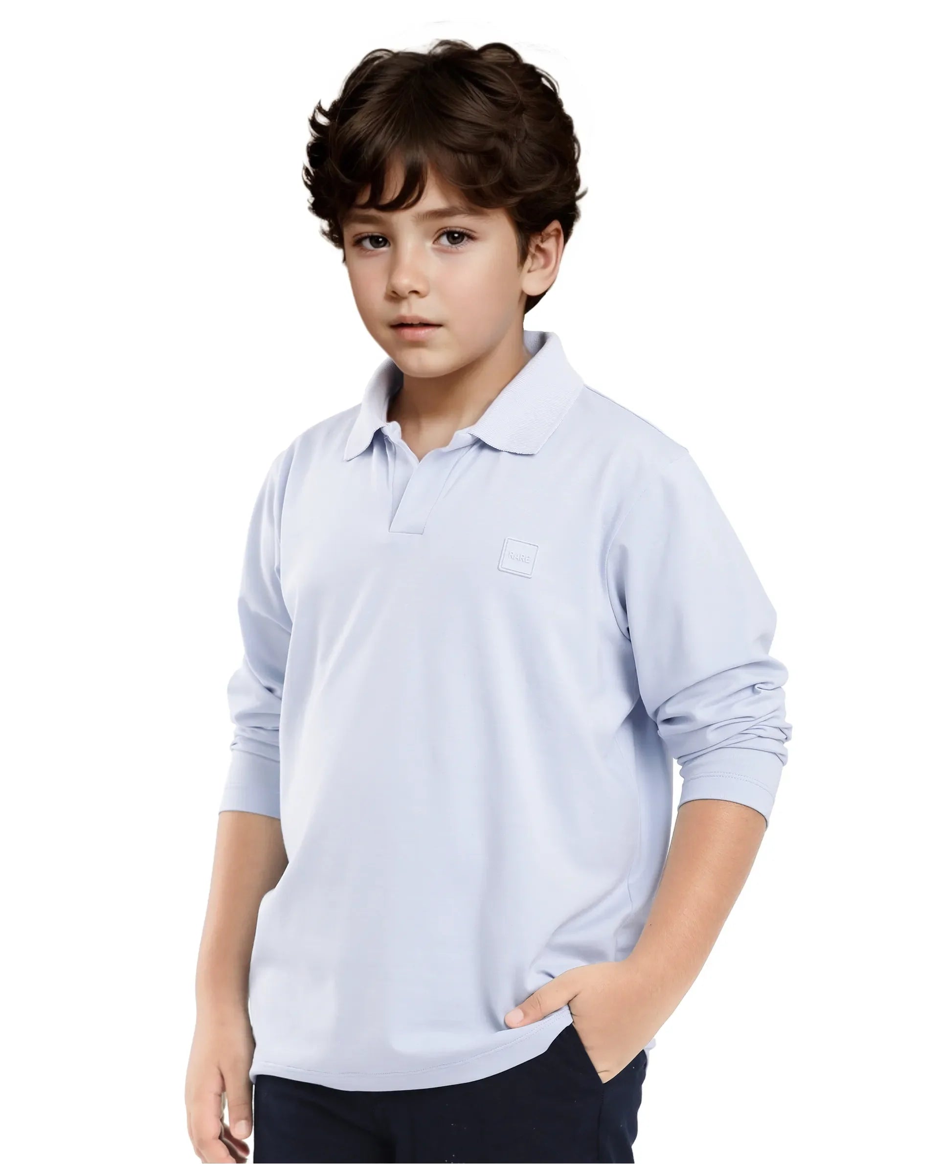 Rare Ones Kids Flit Light Blue Cotton Blend Full Sleeve Regular Collar Solid Polo