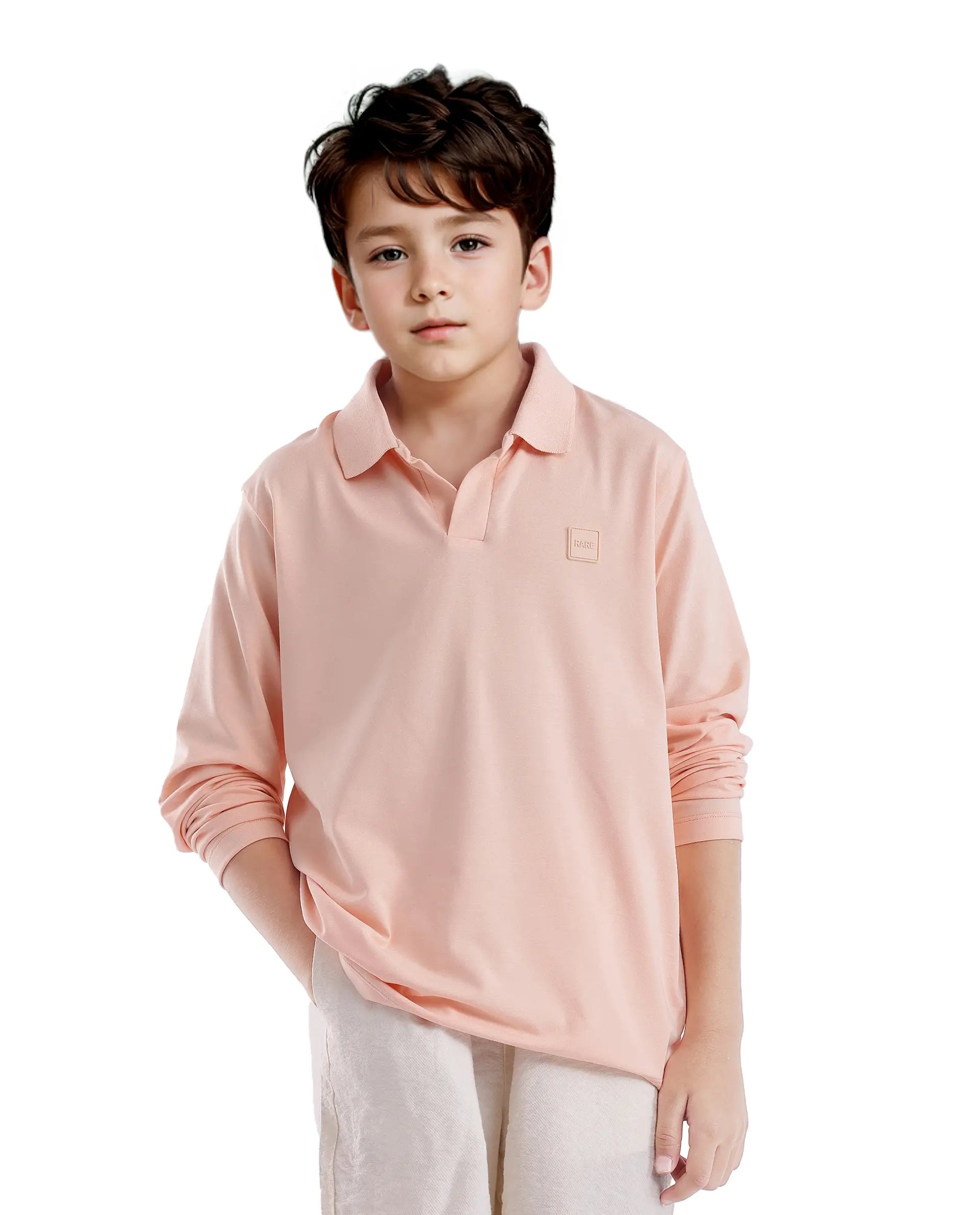 Rare Ones Kids Flit Light Peach Cotton Blend Full Sleeve Polo Neck Solid Polo