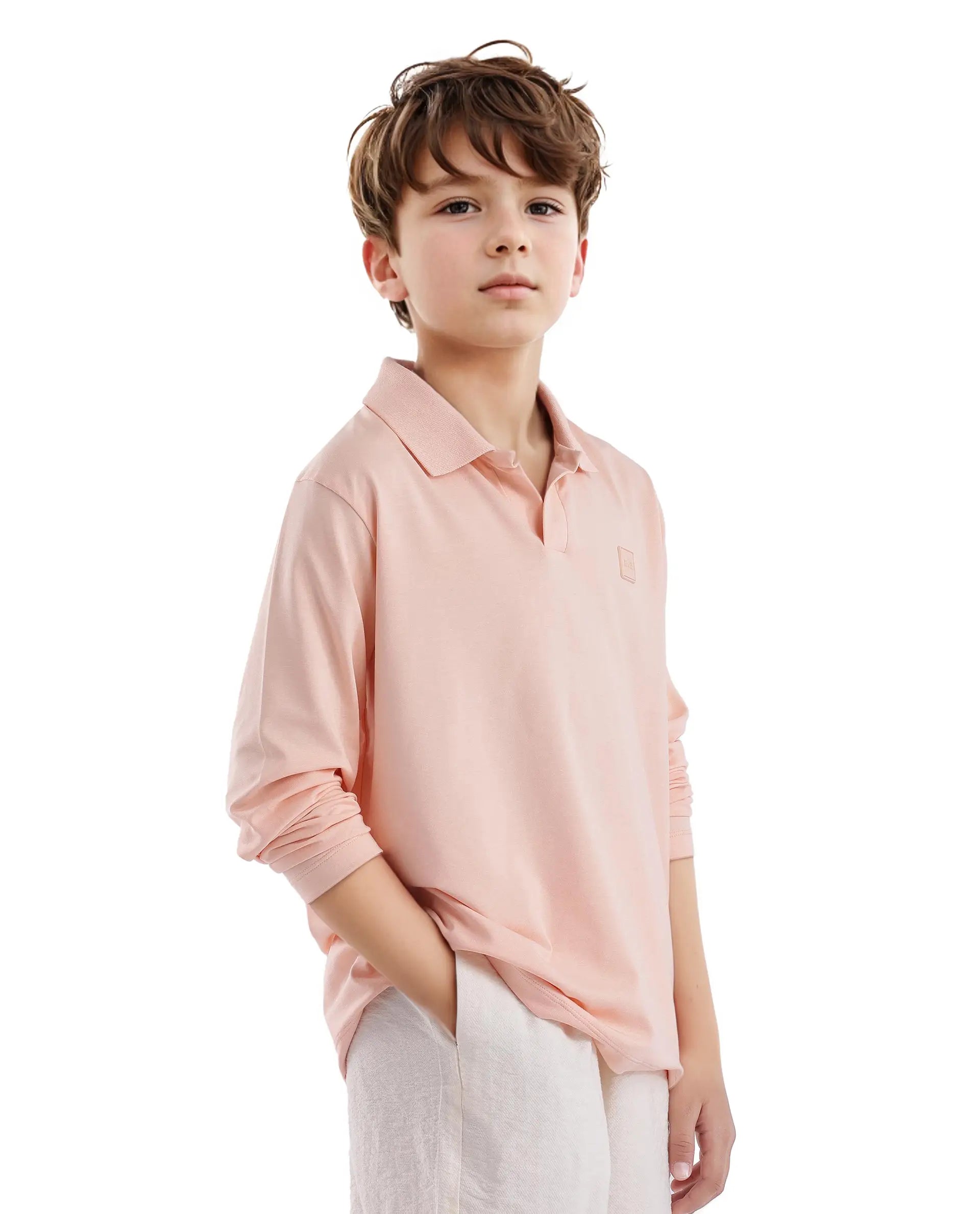 Rare Ones Kids Flit Light Peach Cotton Blend Full Sleeve Polo Neck Solid Polo