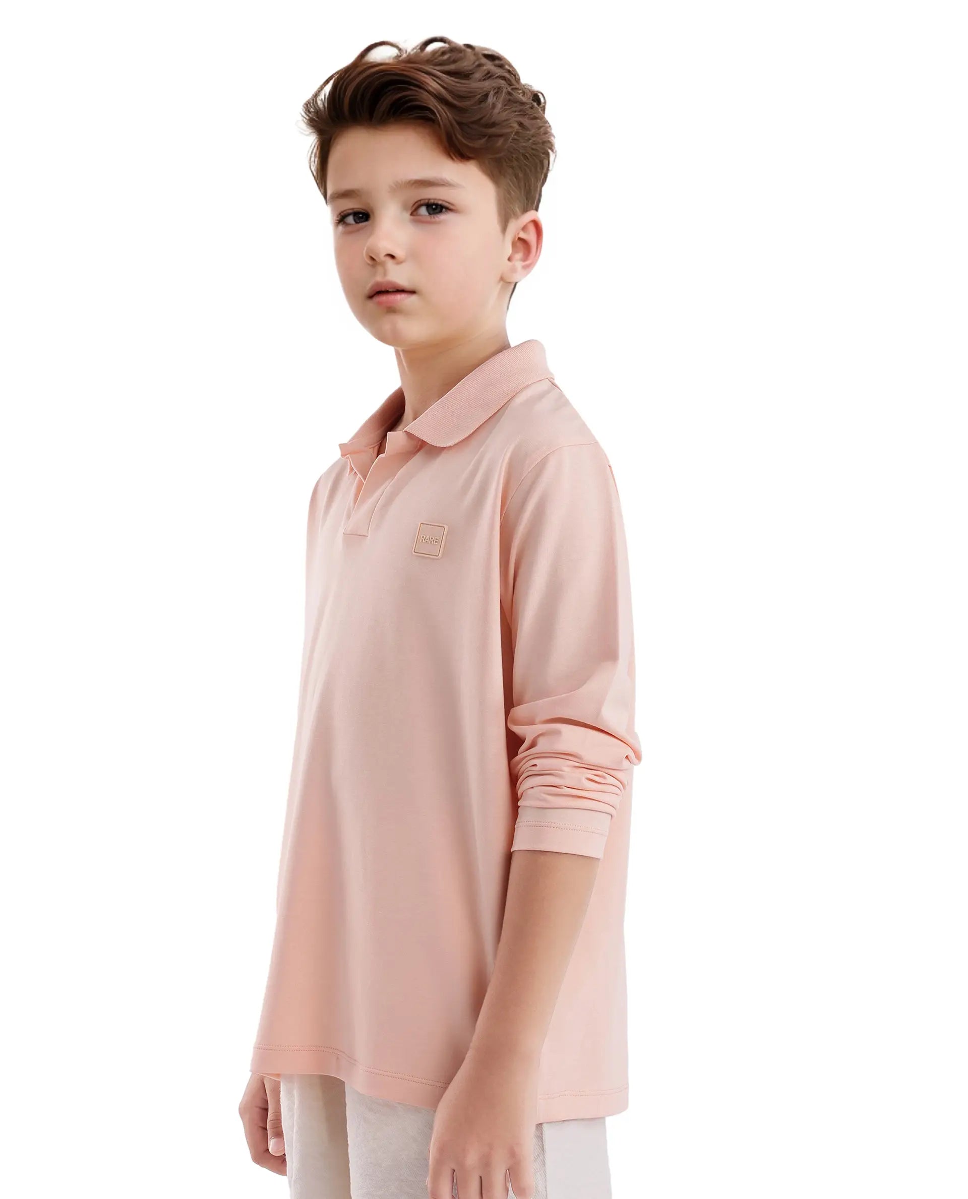 Rare Ones Kids Flit Light Peach Cotton Blend Full Sleeve Polo Neck Solid Polo