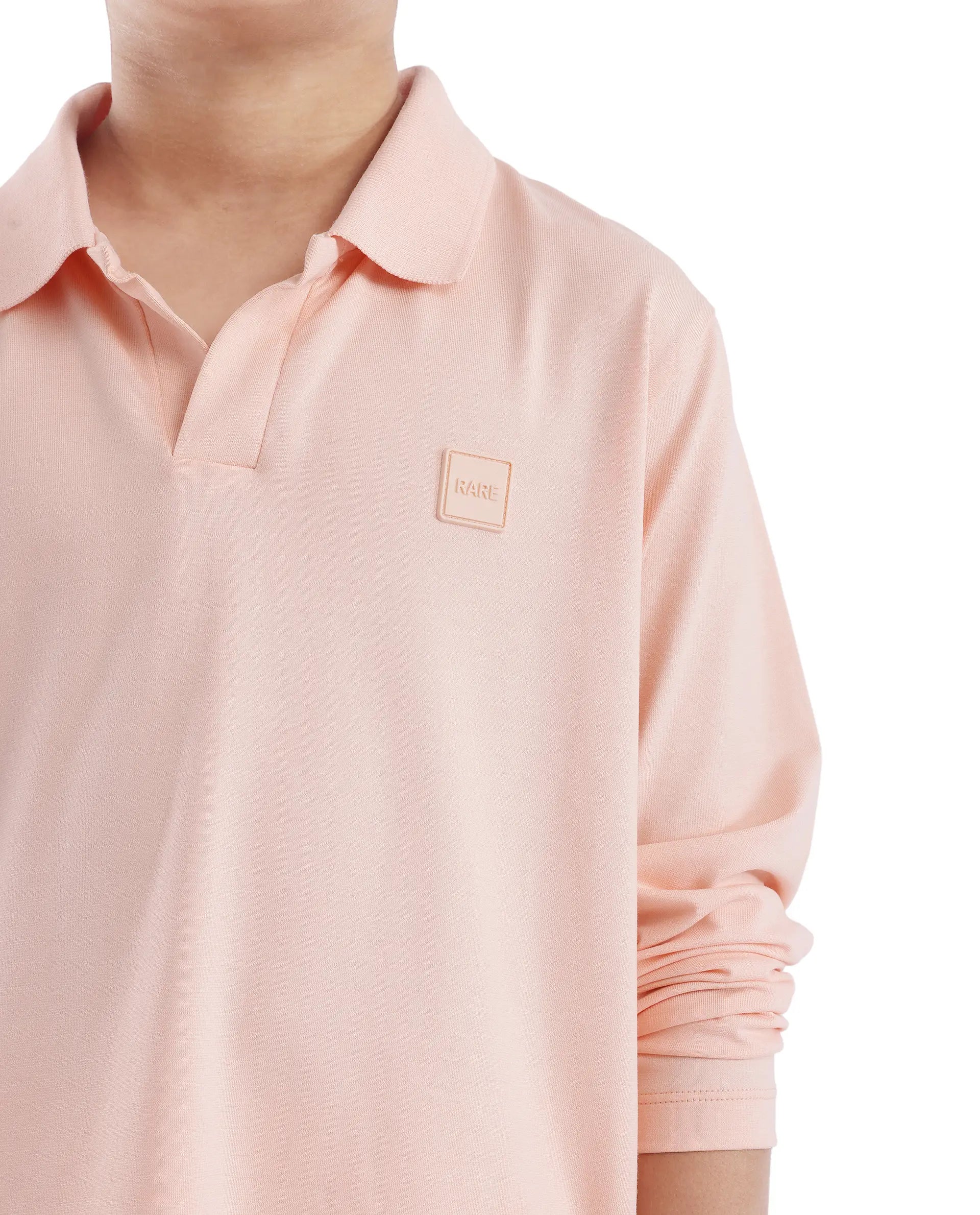 Rare Ones Kids Flit Light Peach Cotton Blend Full Sleeve Polo Neck Solid Polo