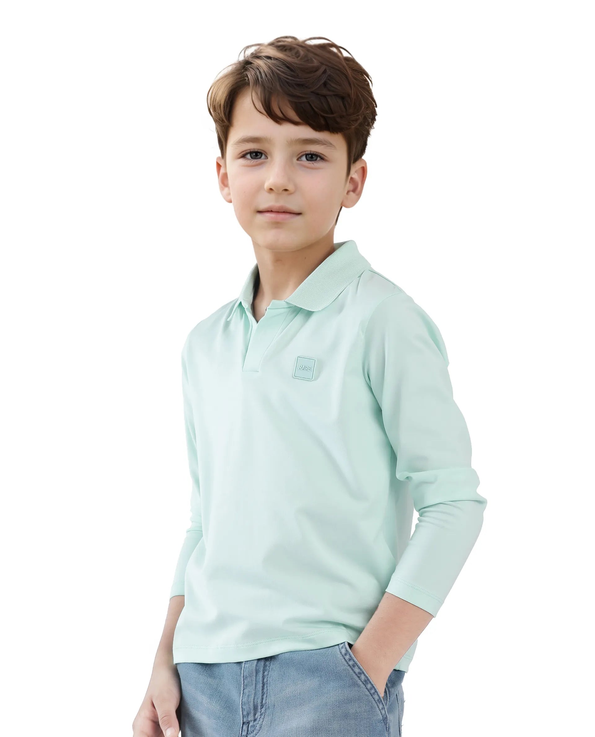 Rare Ones Kids Flit Pastel Green Cotton Blend Full Sleeve Regular Collar Solid Polo