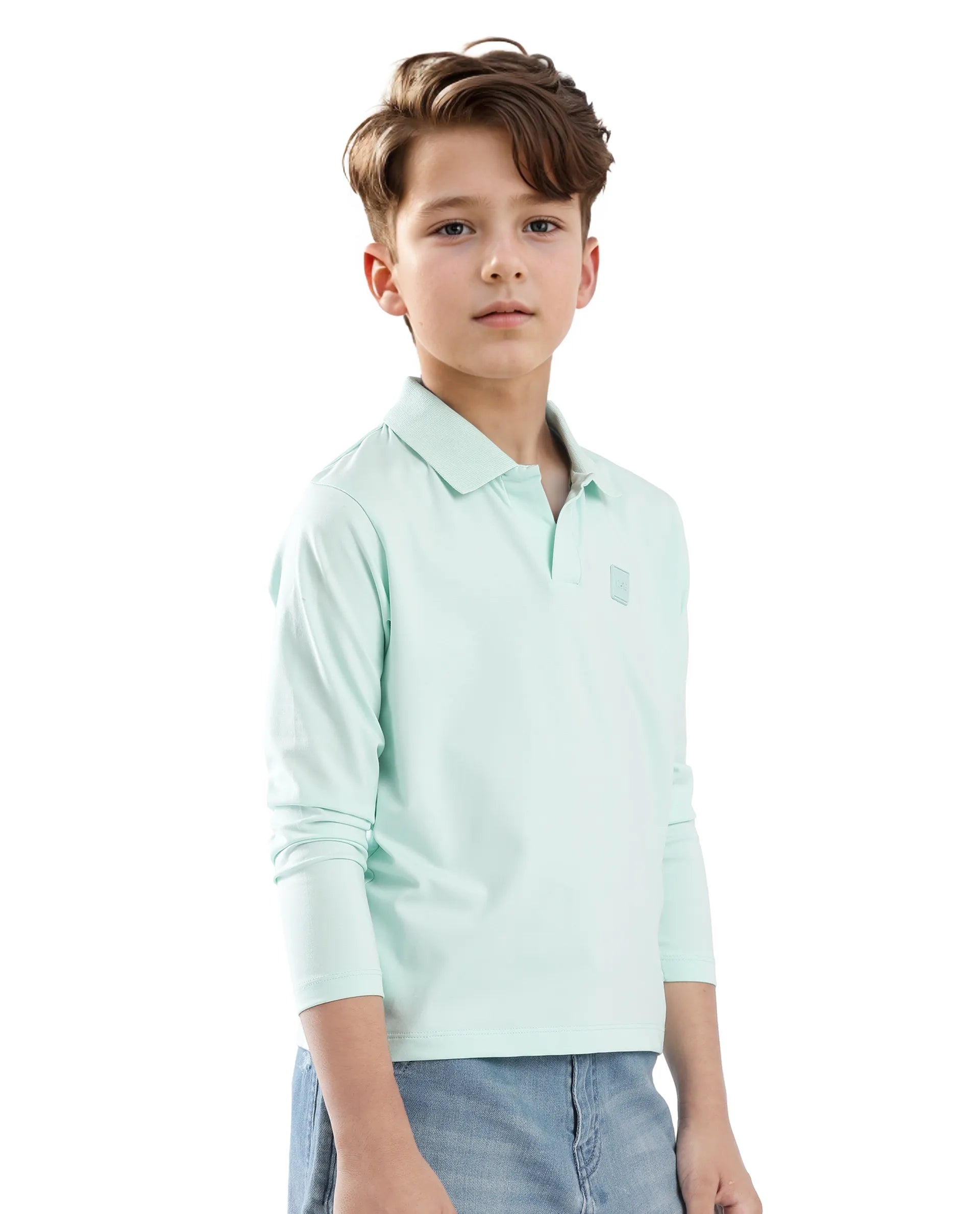 Rare Ones Kids Flit Pastel Green Cotton Blend Full Sleeve Regular Collar Solid Polo