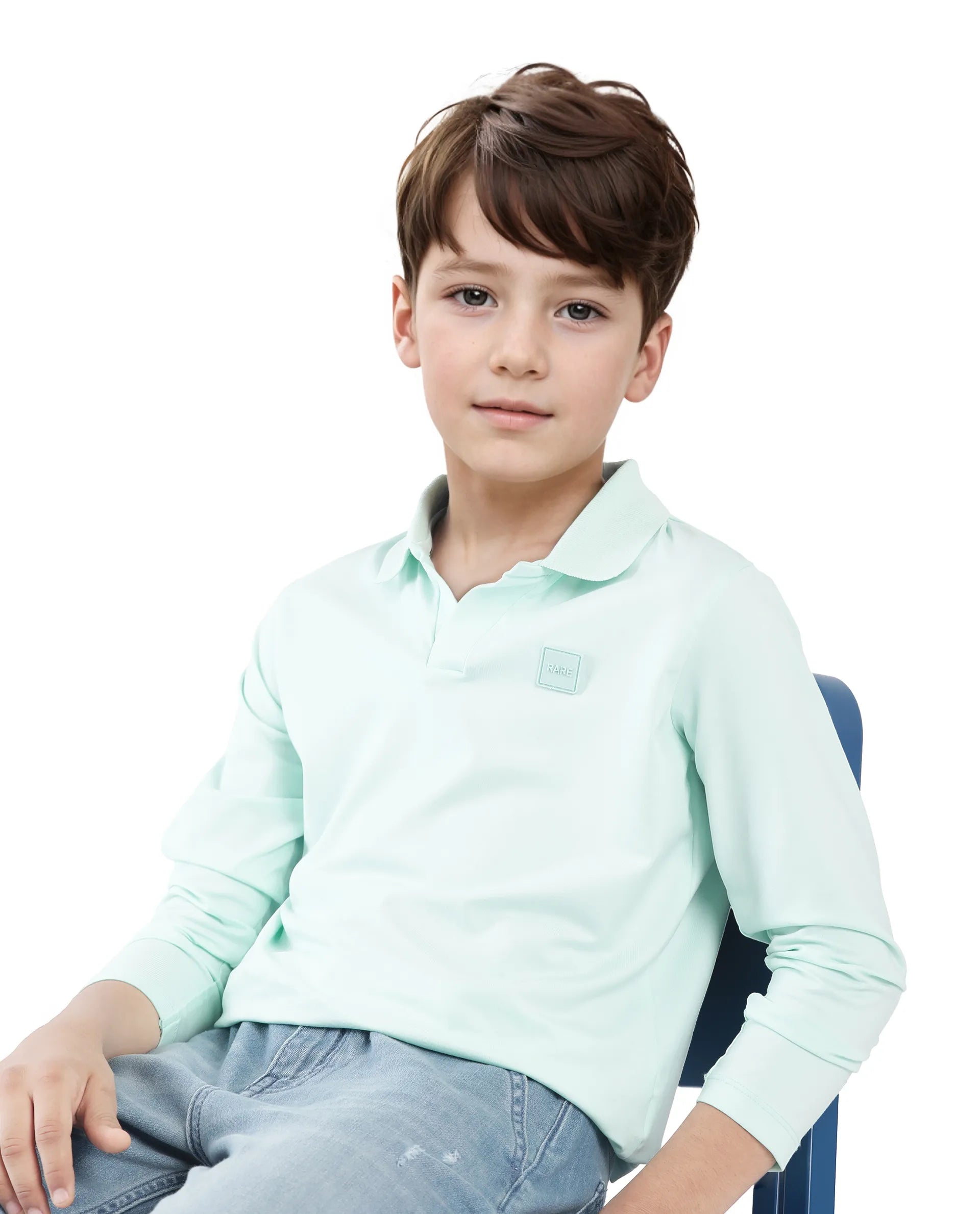 Rare Ones Kids Flit Pastel Green Cotton Blend Full Sleeve Regular Collar Solid Polo