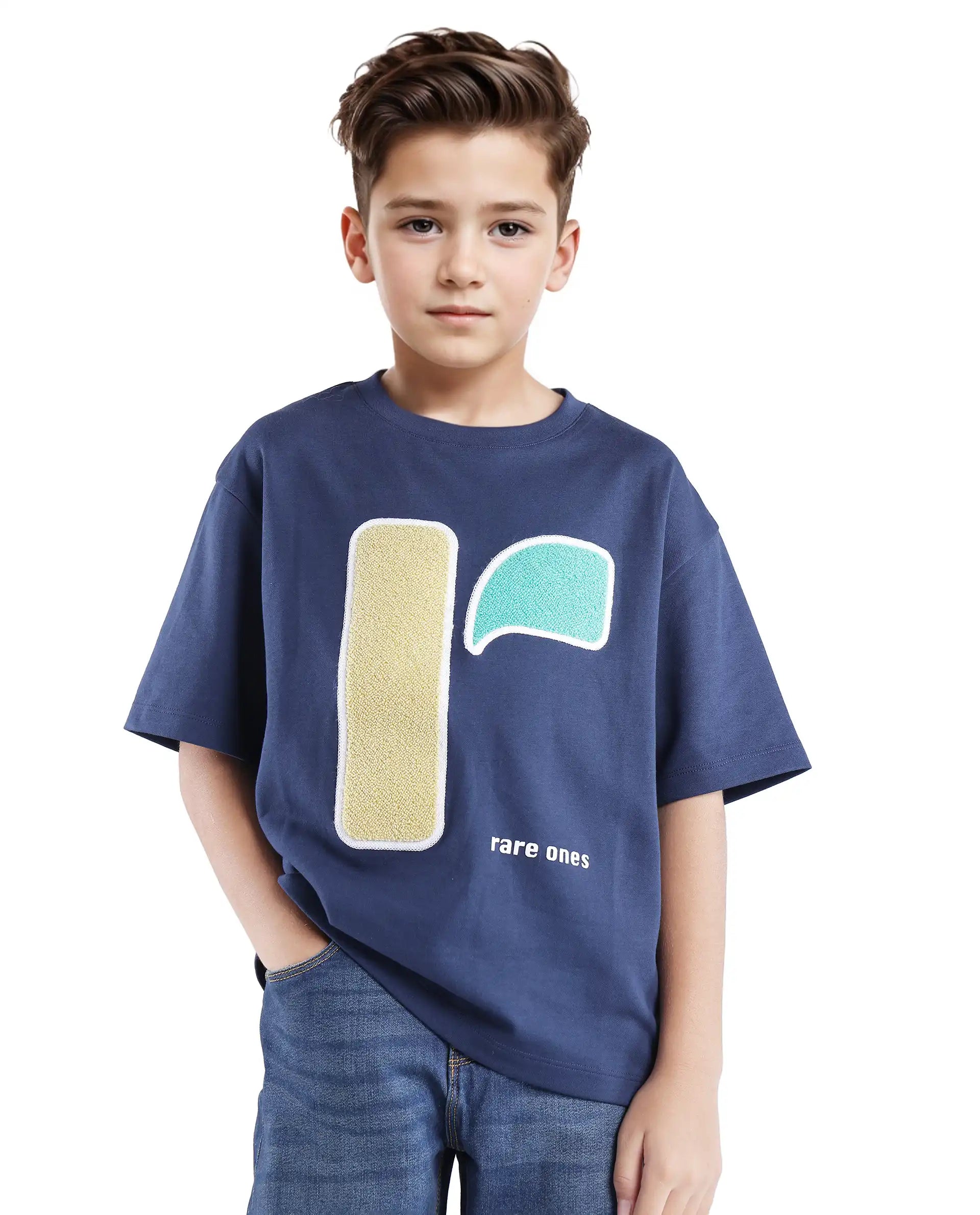 Rare Ones Kids Frodo Navy Cotton Poly Short Sleeve Crew Neck Towel Embroidered T-Shirt