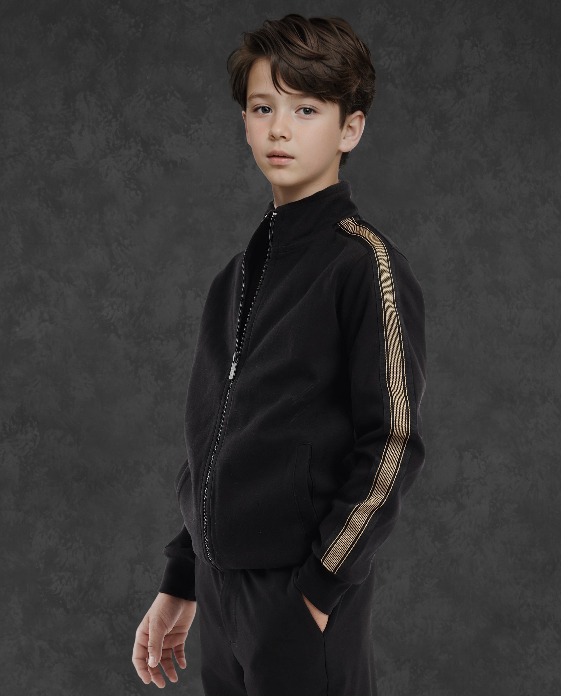 Rare Ones Kids Jacksign Black Cotton Full Sleeves High Neck Striped Sleeve Zipper Closure Solid Jacket