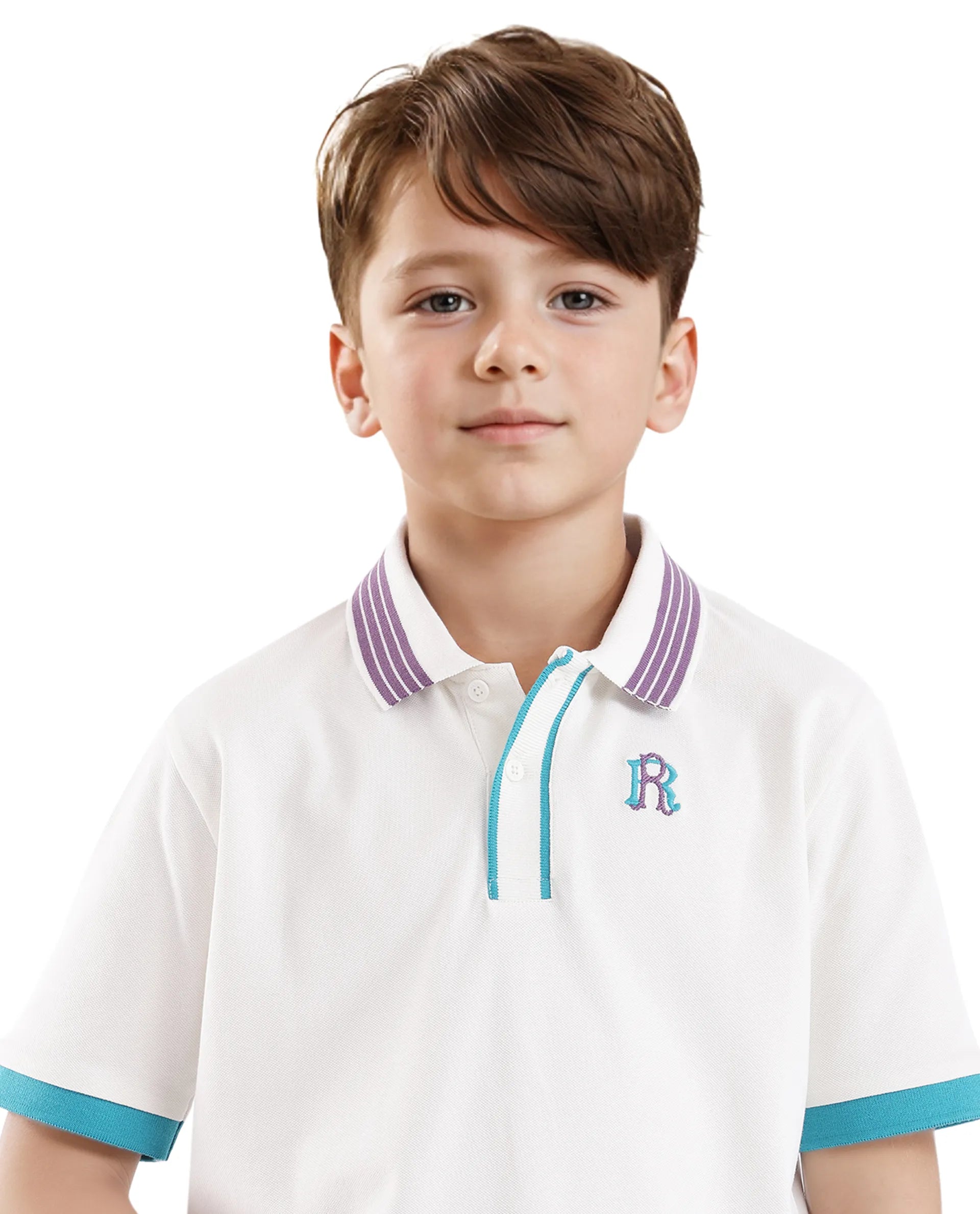 Rare Ones Kids Jef White Cotton Short Sleeve Contrasting Collar Embroidered Polo