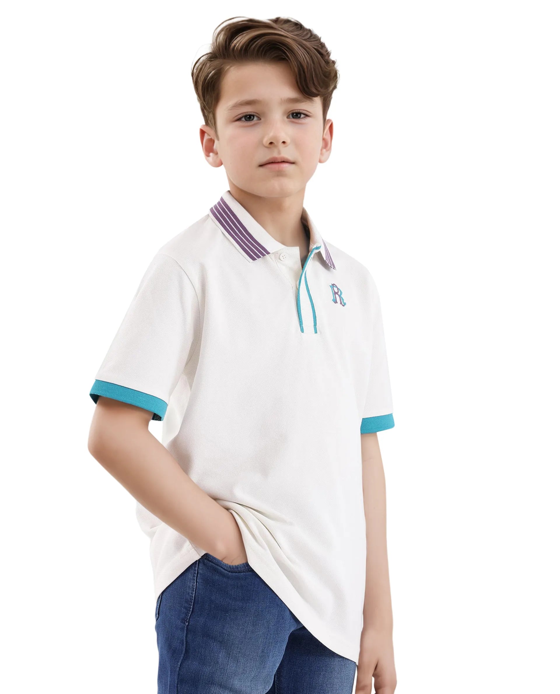 Rare Ones Kids Jef White Cotton Short Sleeve Contrasting Collar Embroidered Polo